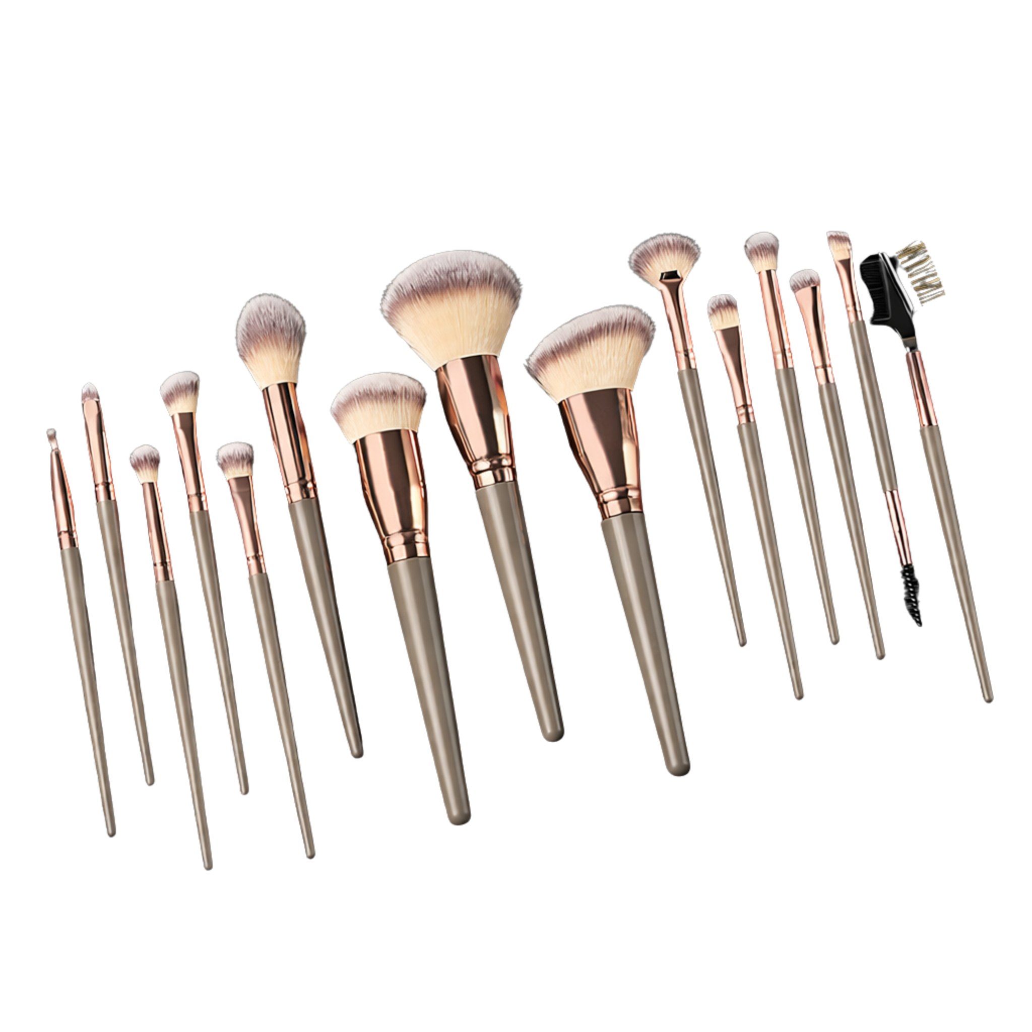 Set of CosmoGloⓇ makeup brushes with various sizes and shapes, featuring soft bristles and sleek handles for professional beauty application.