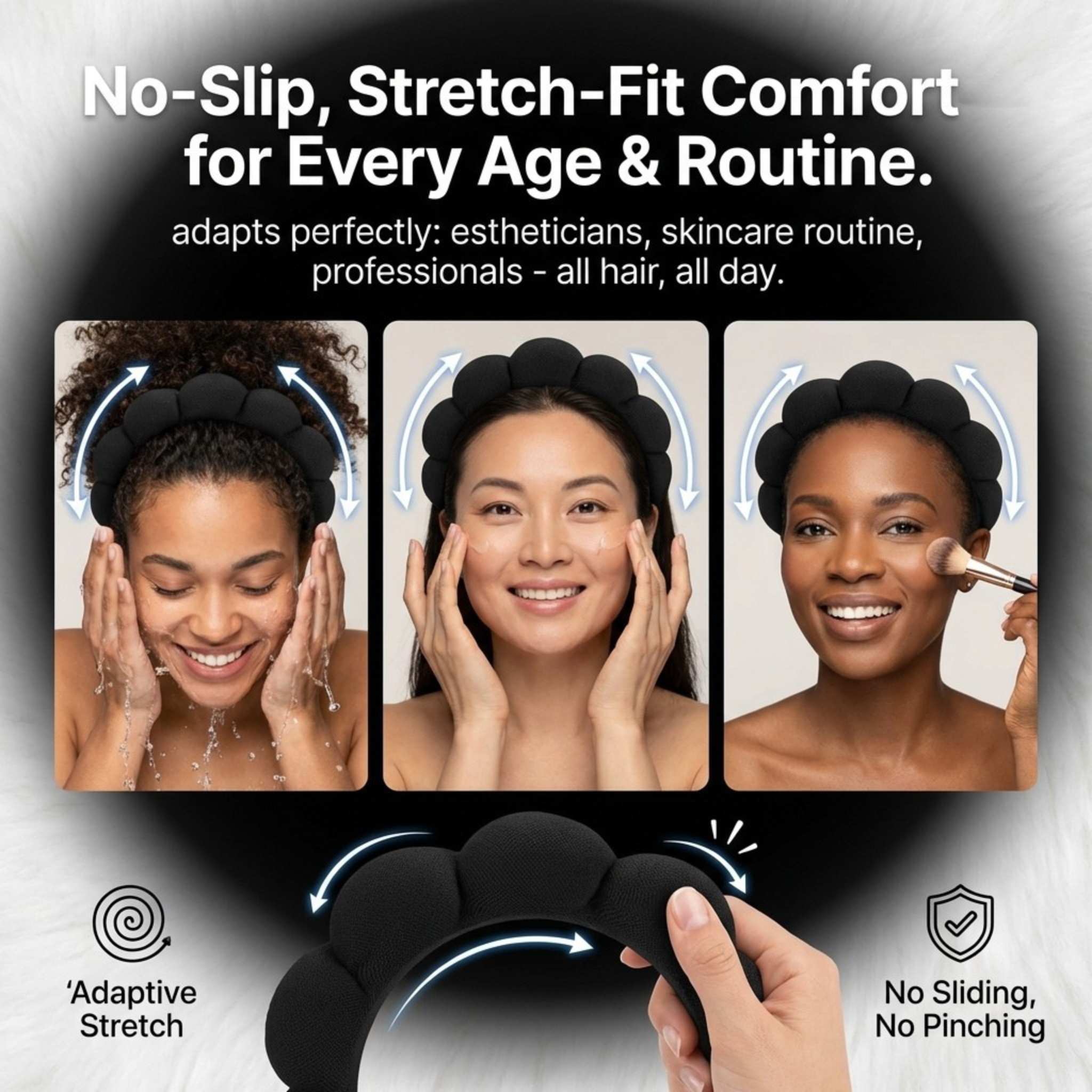 CosmoGloⓇ Spa Headband made of soft, stretchy fabric, designed to keep hair away during beauty and skincare routines.