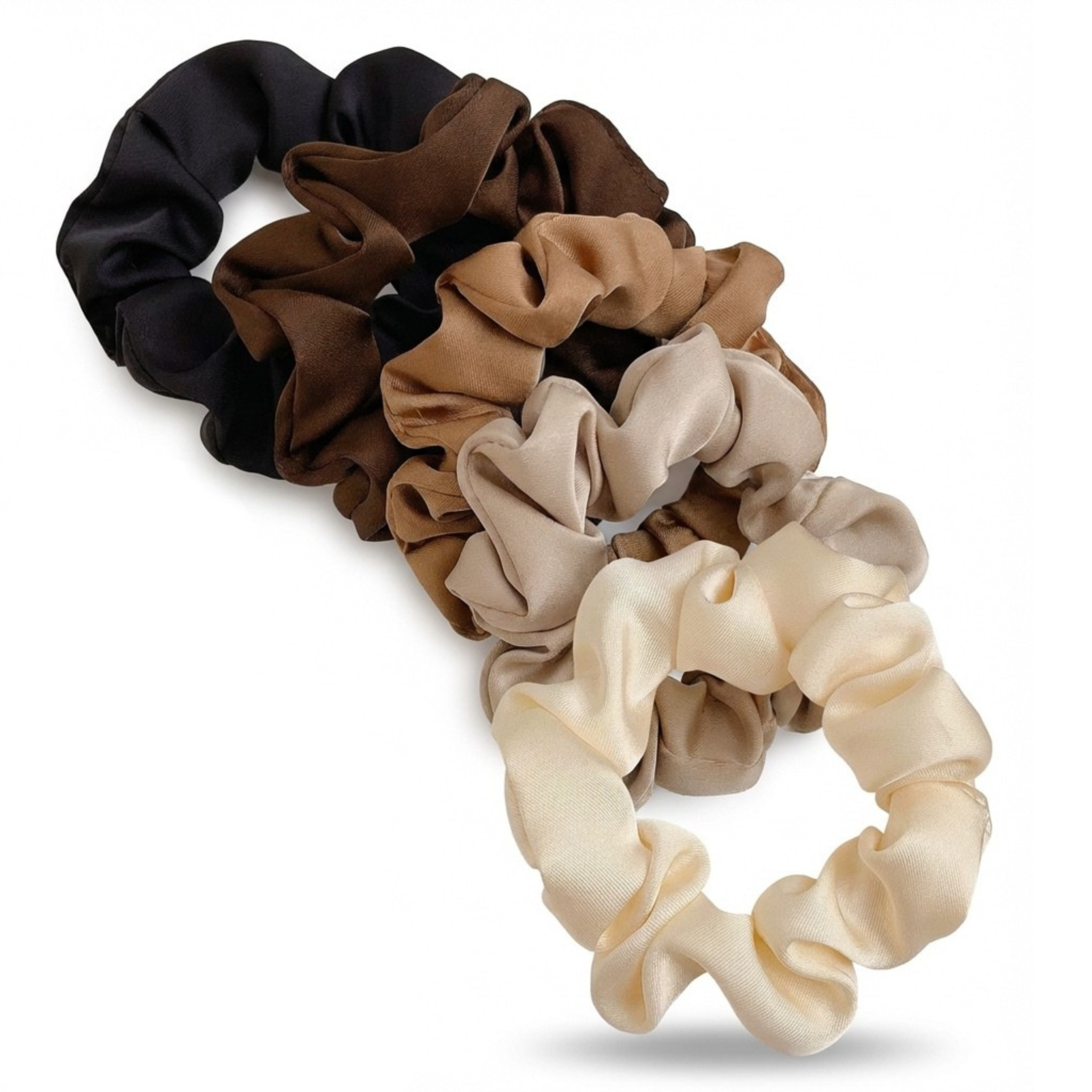 Set of five scrunchies in black, brown, beige, and cream on a white background