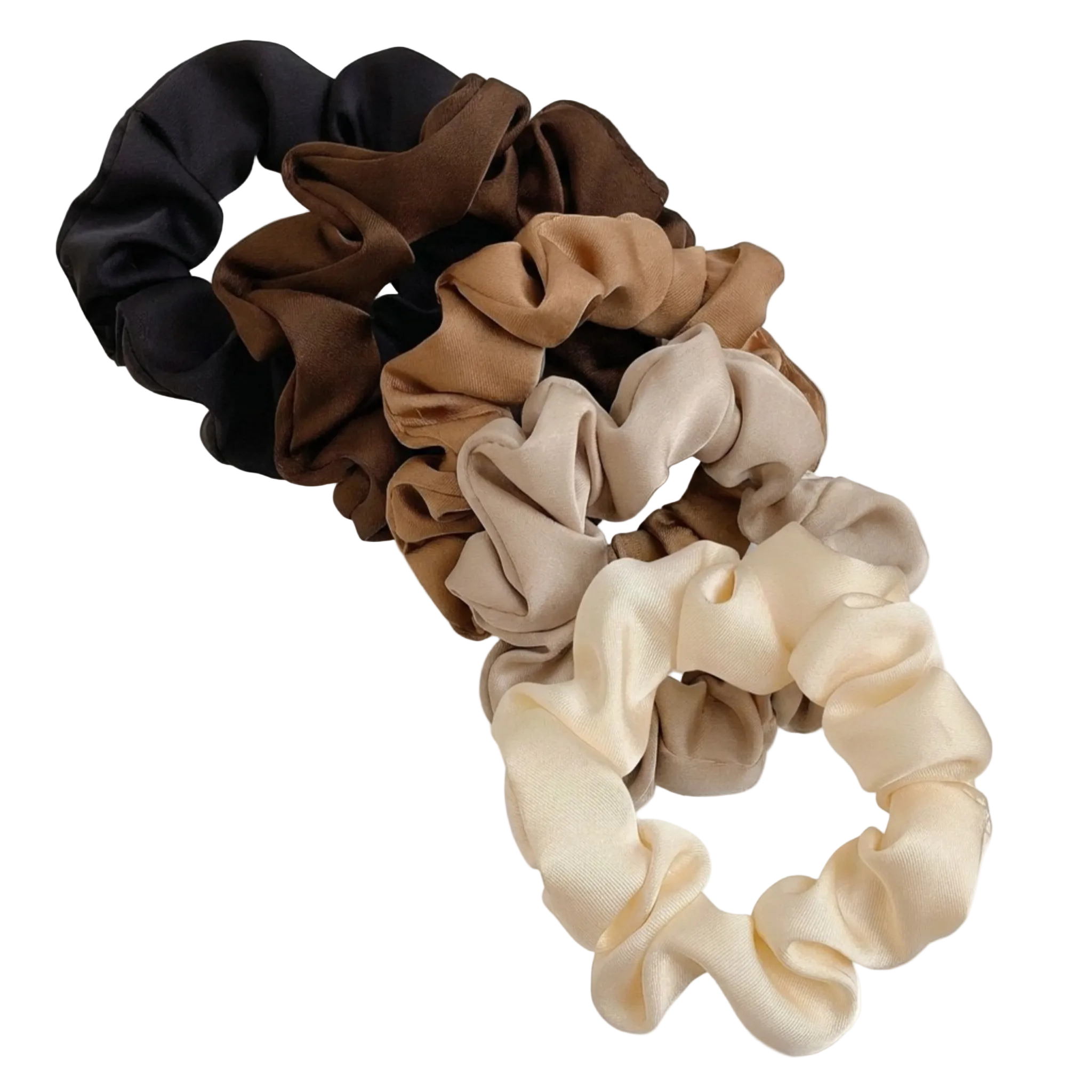 Set of five neutral satin scrunchies by CosmoGloⓇ, featuring soft, smooth fabric and versatile hair accessories.