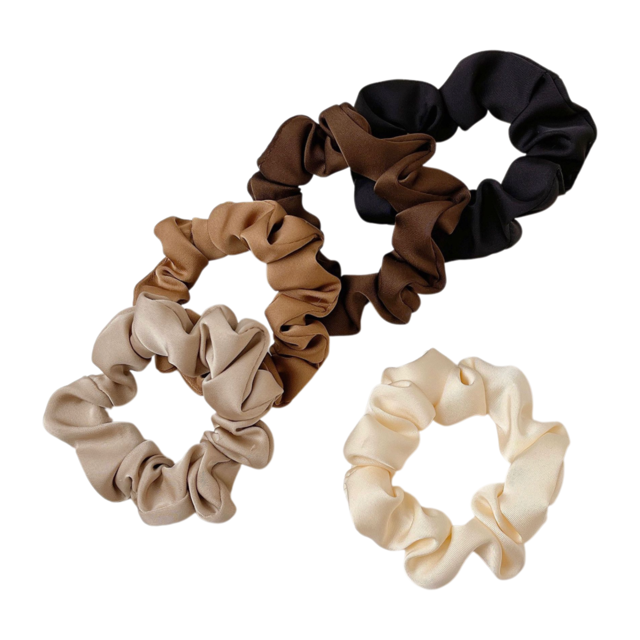 Set of five neutral satin scrunchies by CosmoGloⓇ, featuring soft, smooth fabric in various neutral shades for stylish hair accessories.