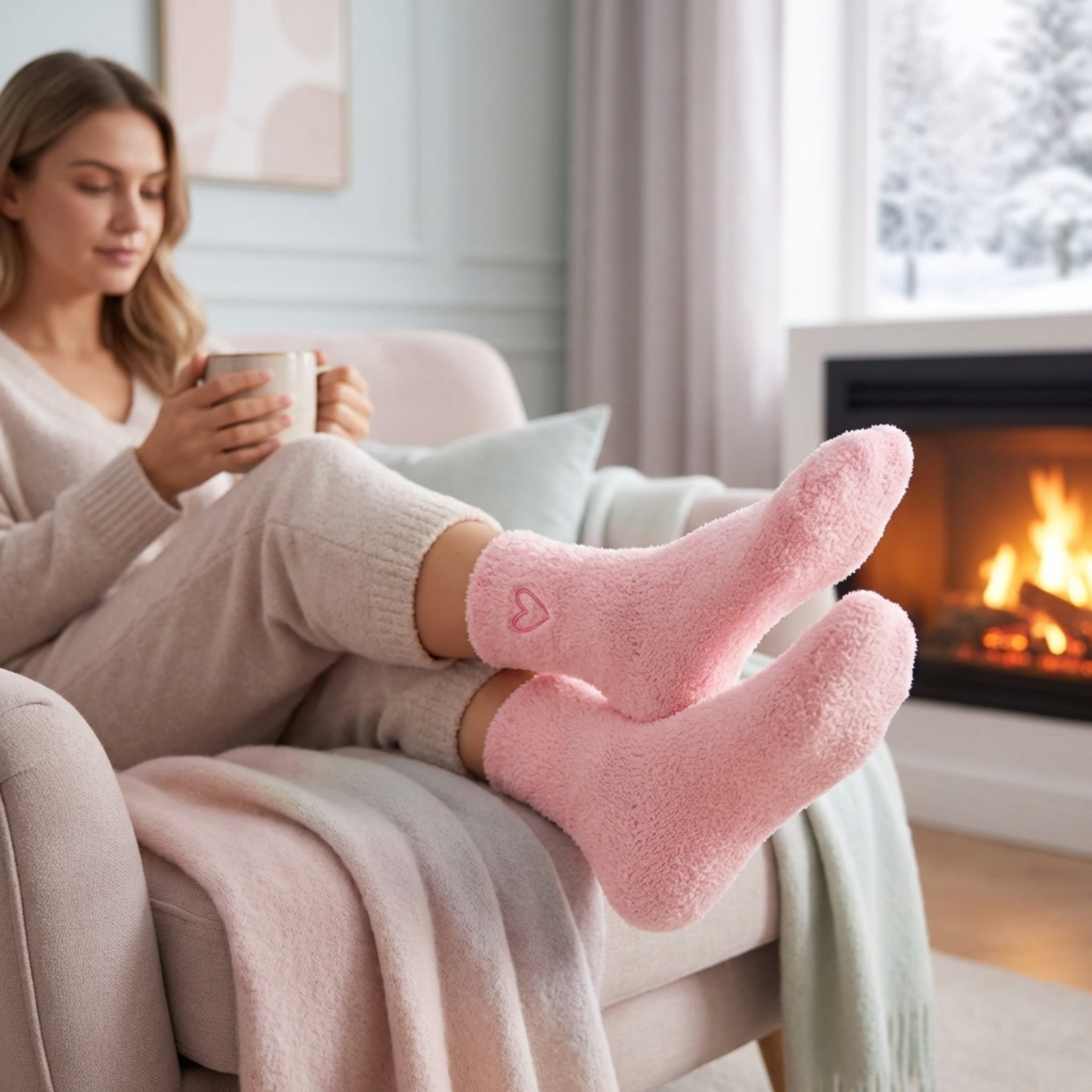 Woman in pink socks sitting by a fireplace holding a mug