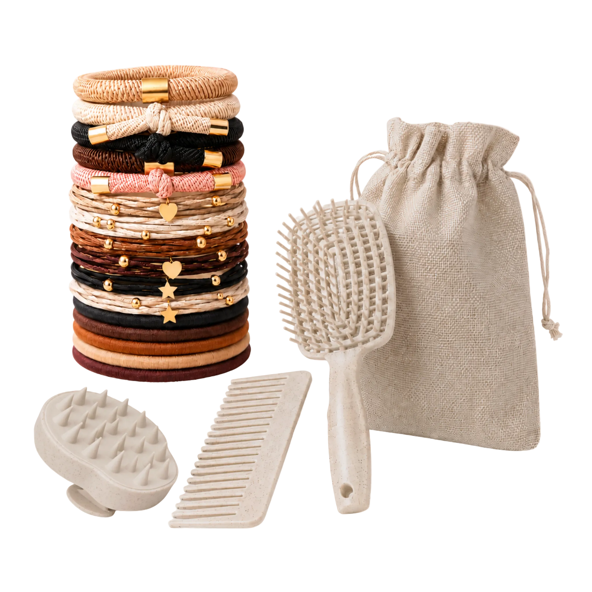 Set of hair accessories including hair ties, a brush, comb, and pouch on a white background