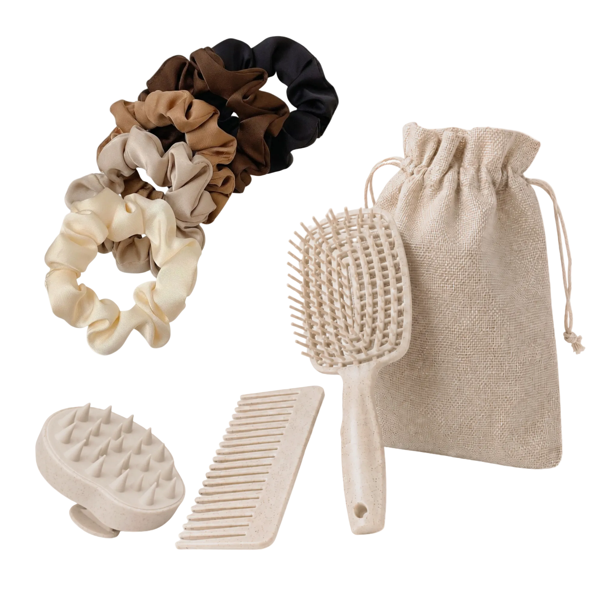 Set of hair care products including scrunchies, a brush, and a comb on a white background.
