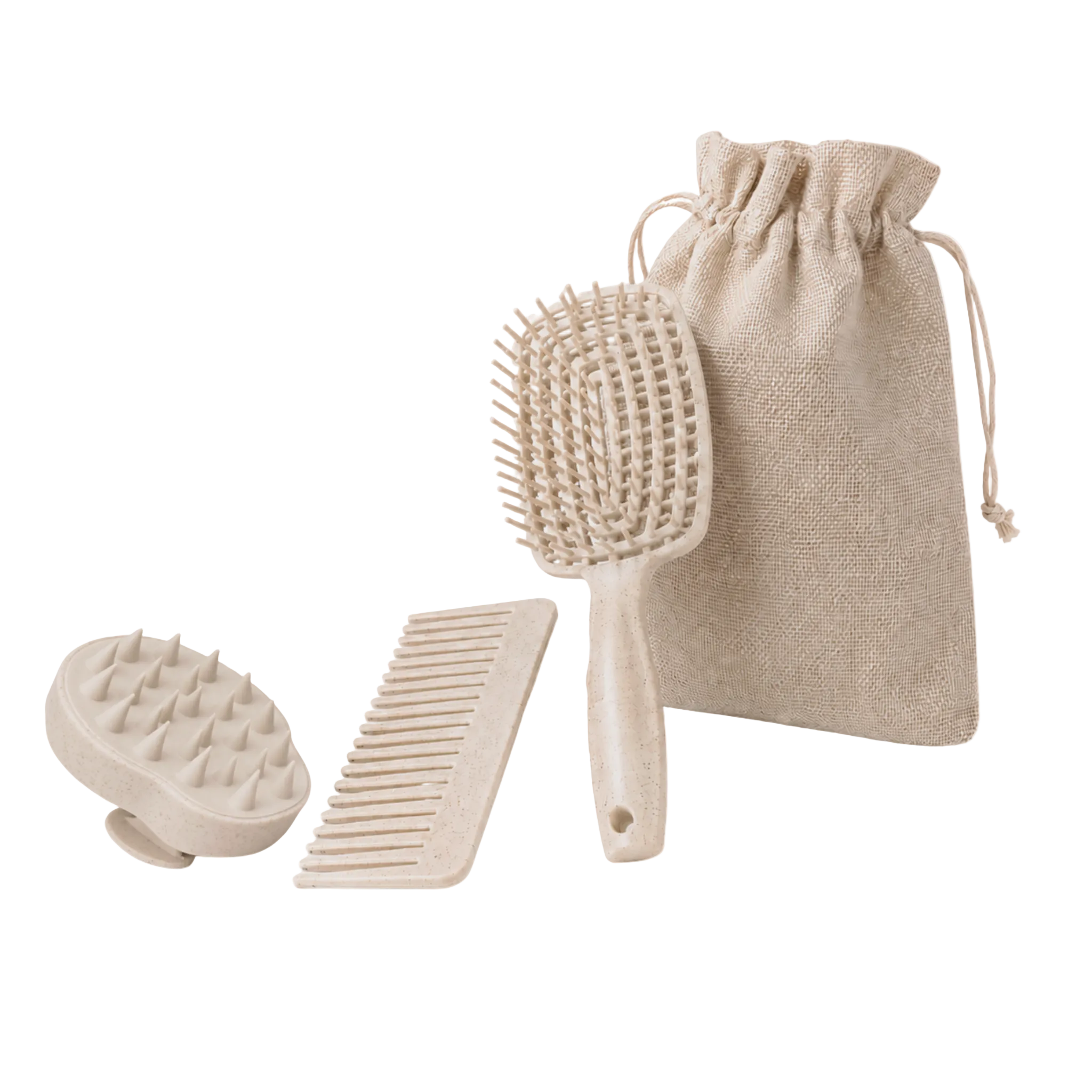 Set of beige hair care tools including a brush, comb, and scrubber with a drawstring bag on a white background.