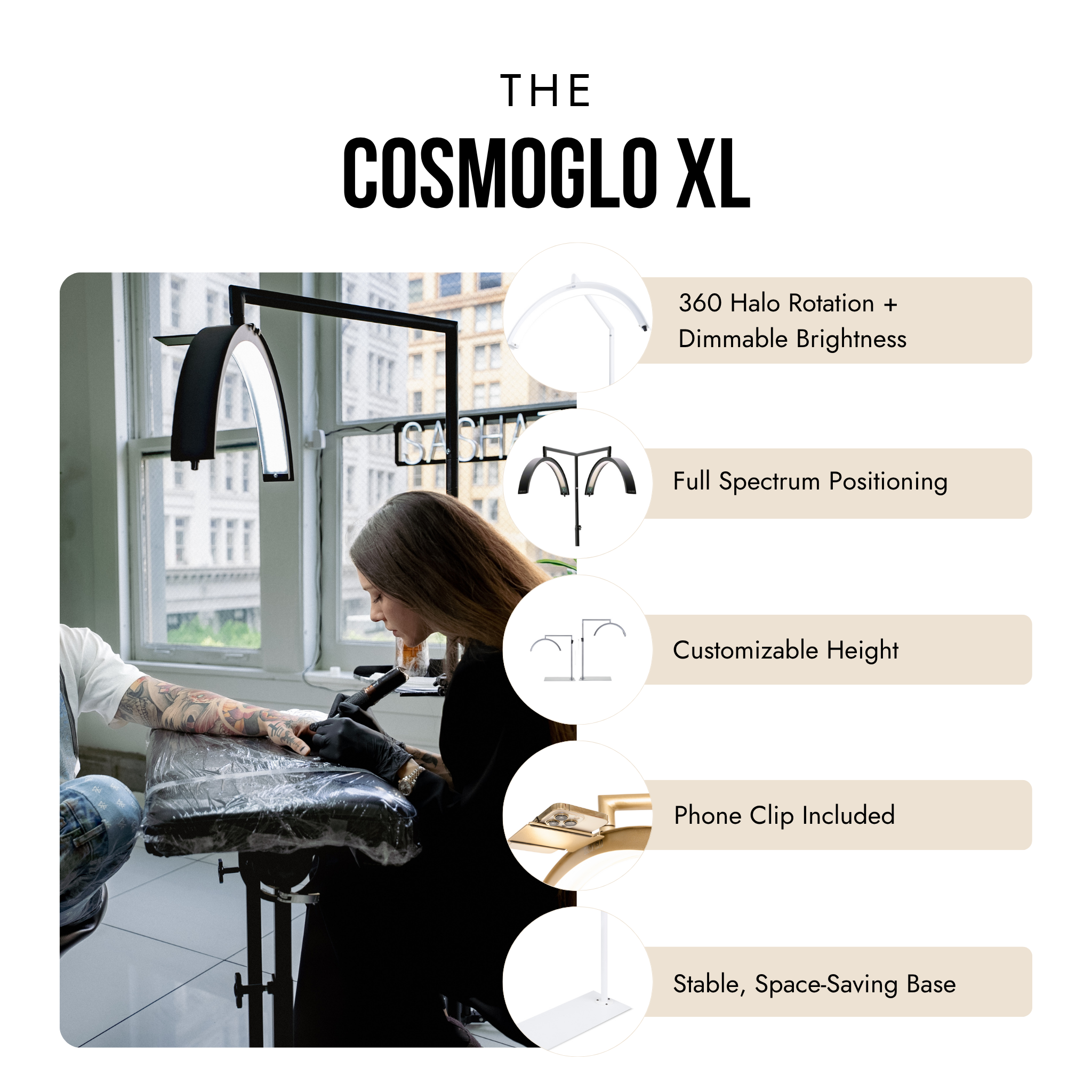 CosmoGlo XL shadow-free beauty light on white background