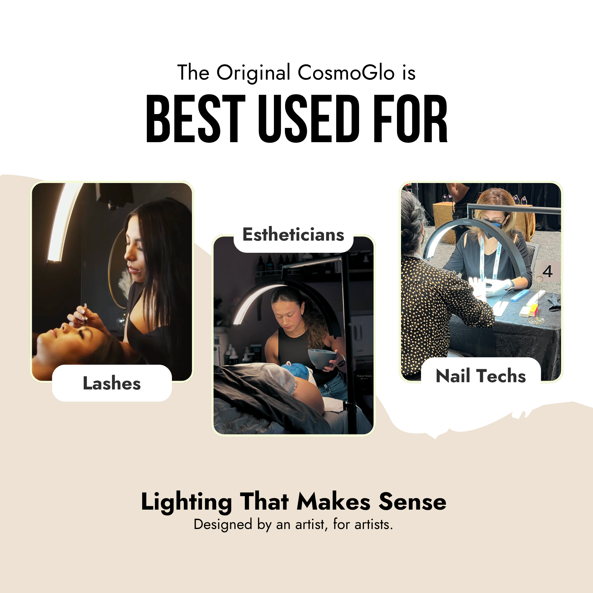 CosmoGlo product advertisement with images of people using it for lashes, estheticians, and nail technicians.