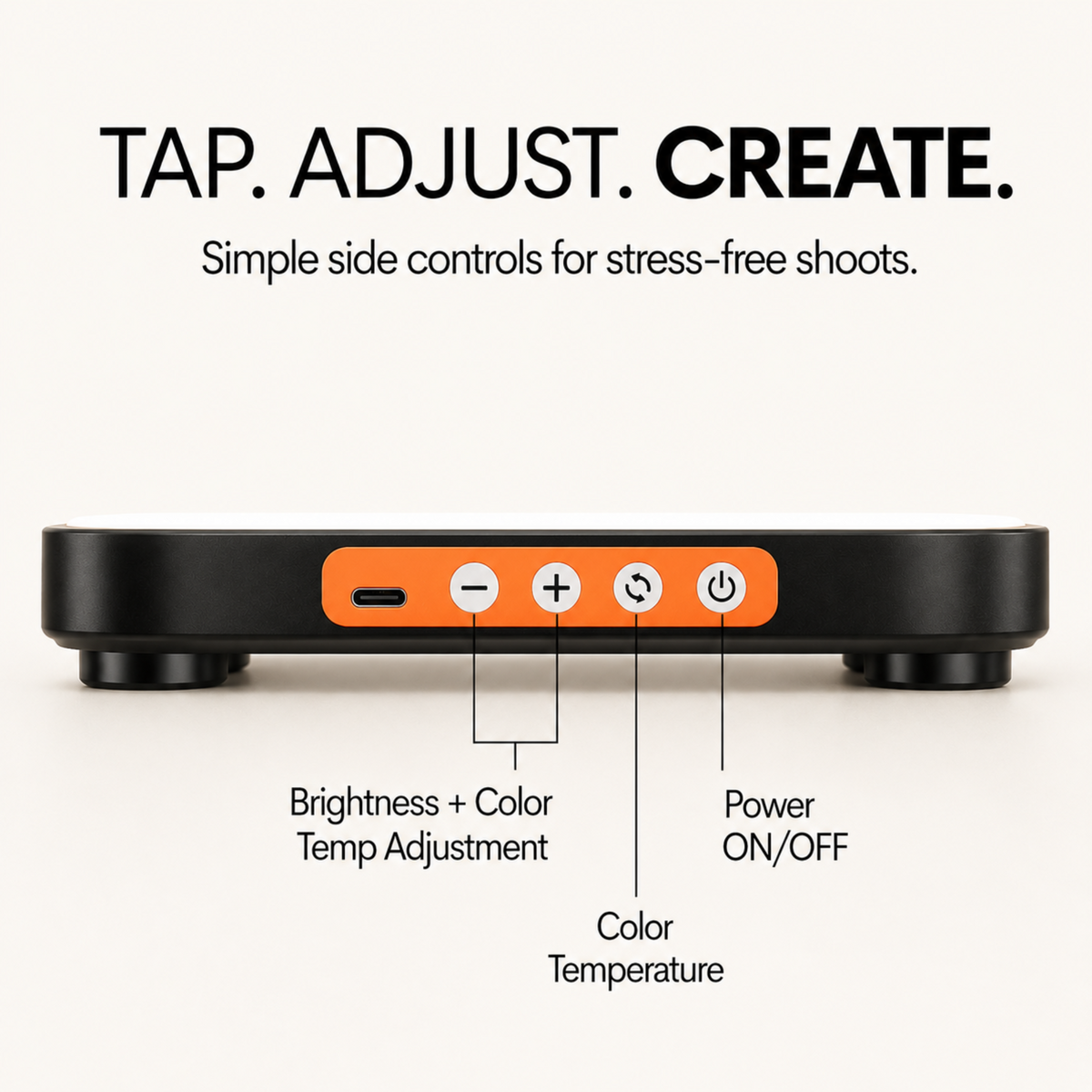 A black rectangular electronic device with an orange side control panel, shown from the back on a light beige background. Large text at the top reads &