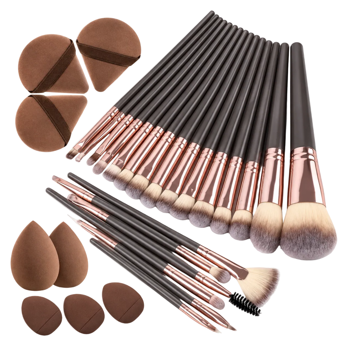 A 20-piece makeup brush set with black handles, rose gold ferrules, and dual-toned bristles, shown alongside four brown makeup sponges on a white background.