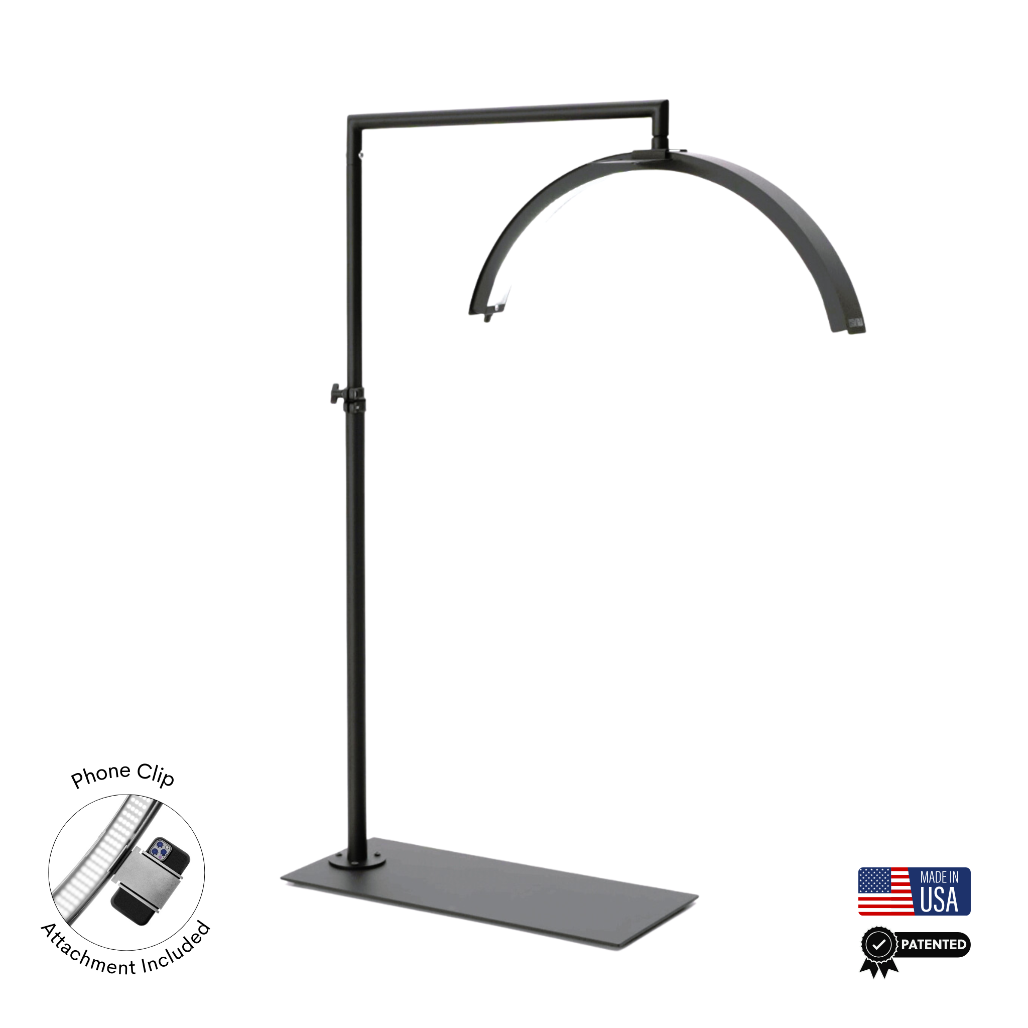 Black adjustable stand with curved arm on a white background, featuring phone clip attachment and &