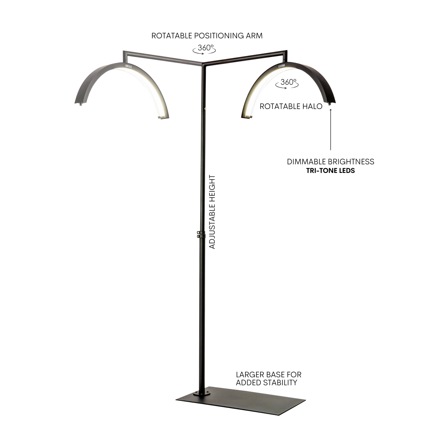 Lamp stand with labeled features on a white background