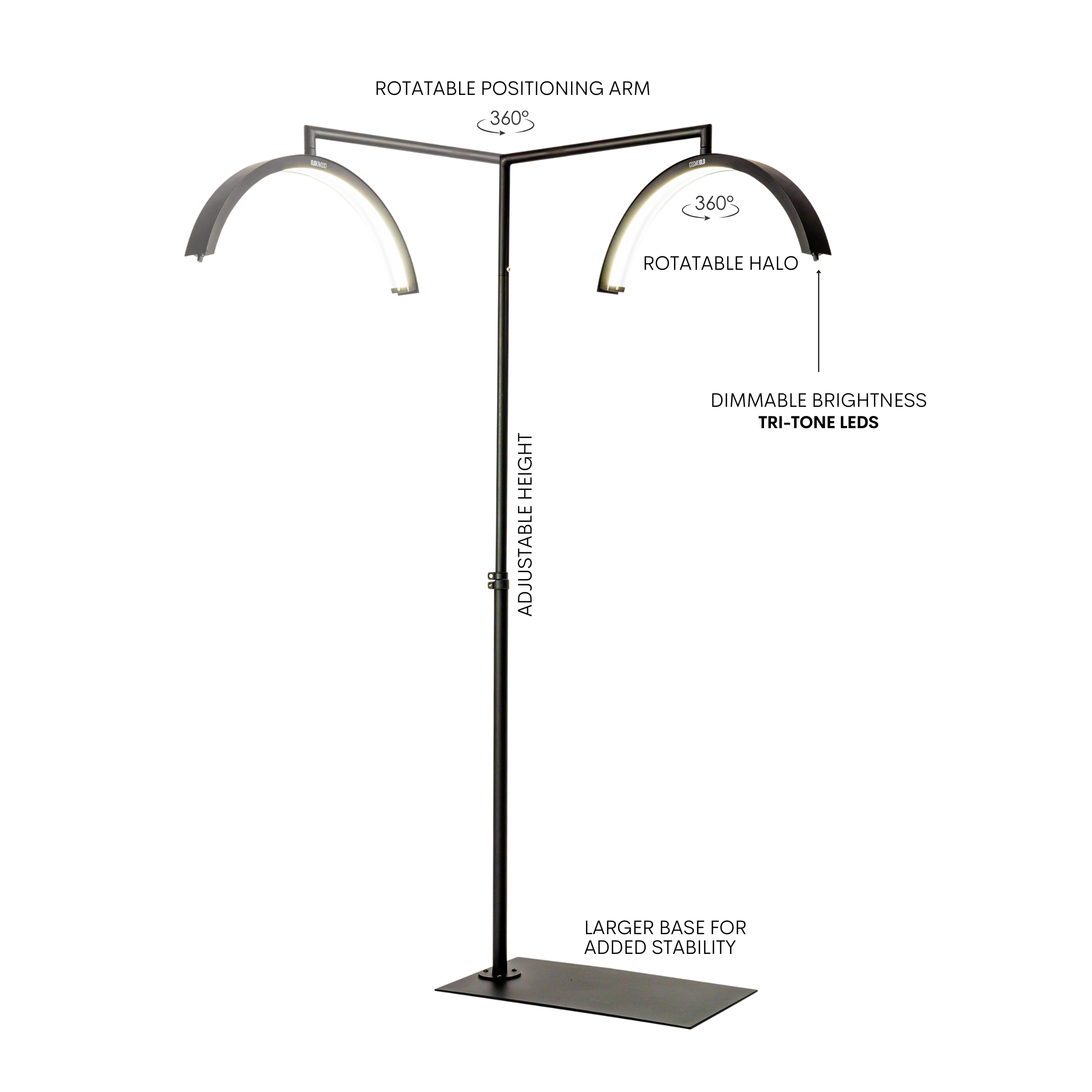 Lamp stand with labeled features on a white background