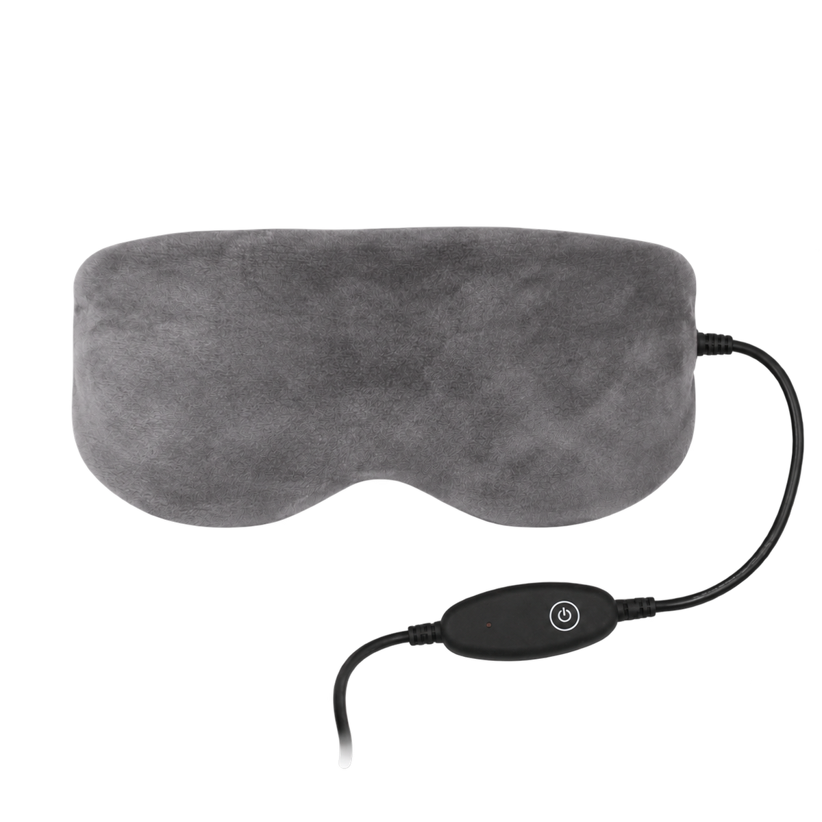 A gray heated eye mask with a black power cable and control module, shown on a plain white background.