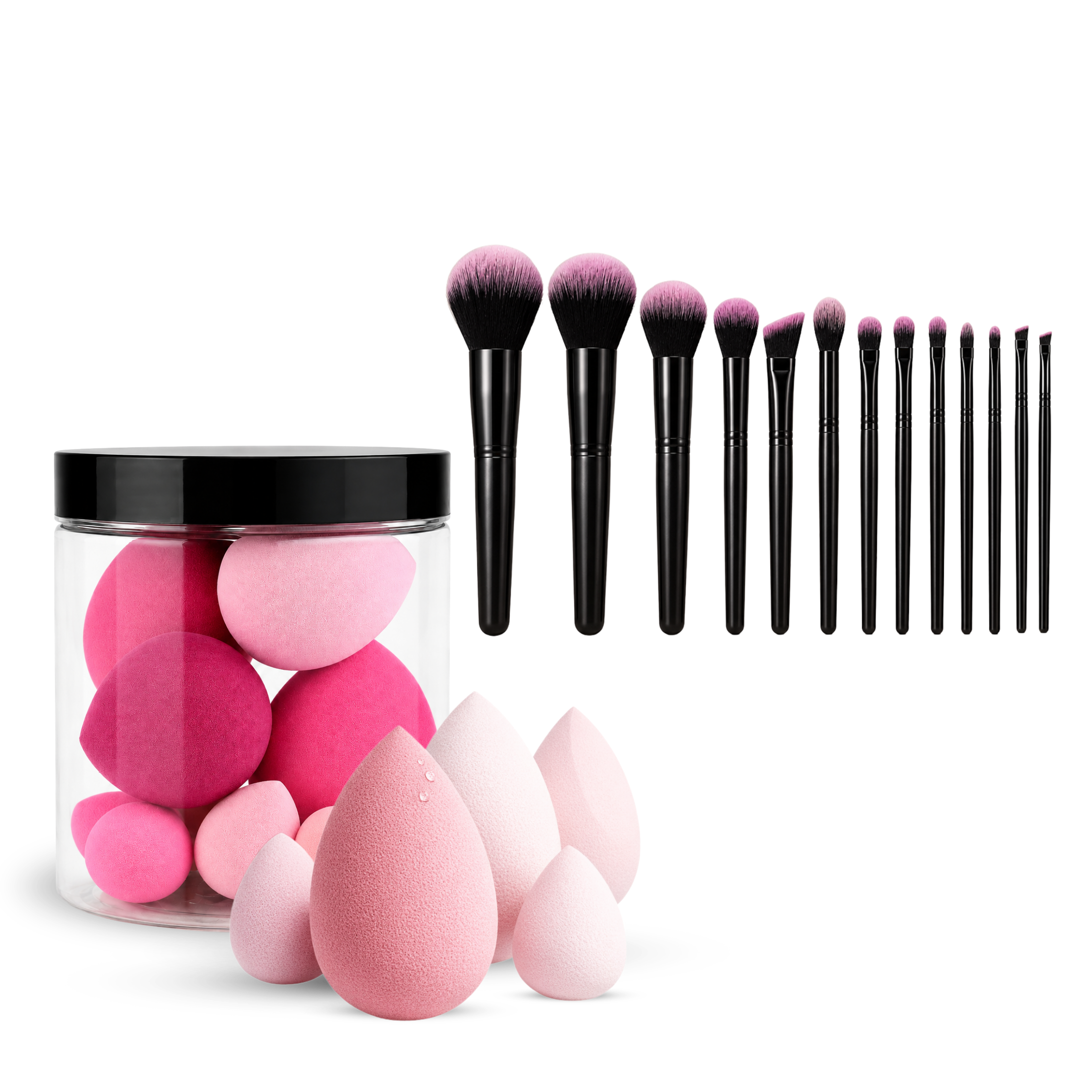 pink beauty blender sponges and black pink makeup brush set