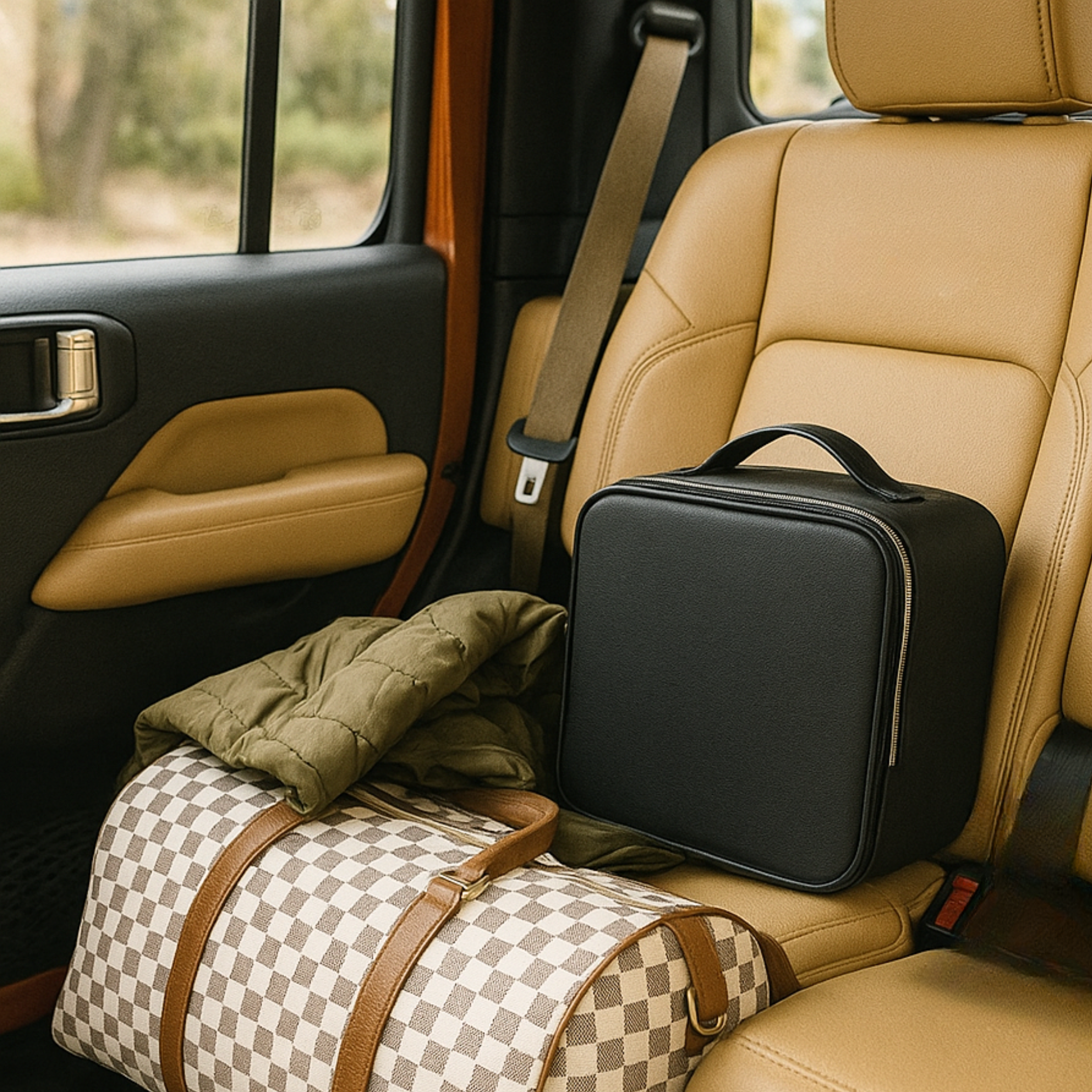 Black travel-friendly vanity case with mirror and lights, and a checkered duffel bag on a car seat with a green jacket.