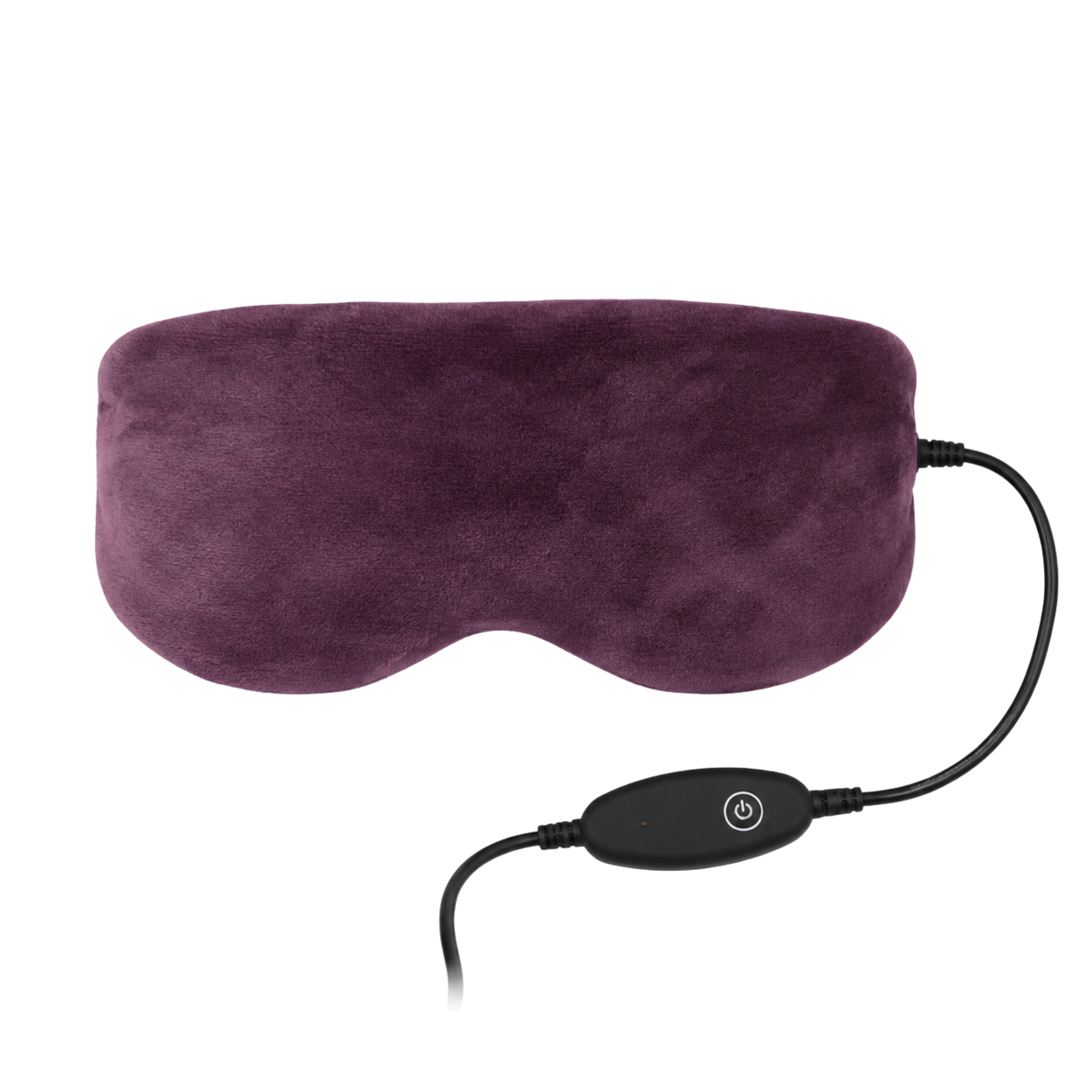 A plush, electric heating eye mask in a deep plum purple color, shown with its black power cable and switch on a solid white background.
