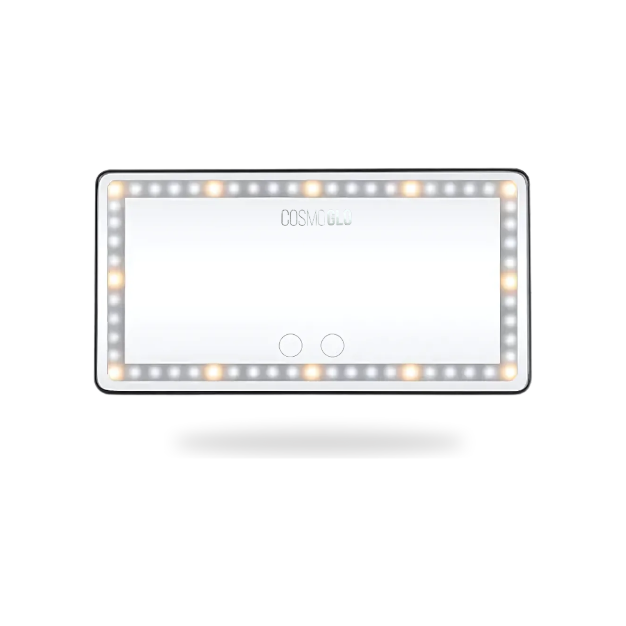 Lighted car visor mirror by The CosmoGlo, showing illuminated reflection on a car visor accessory.