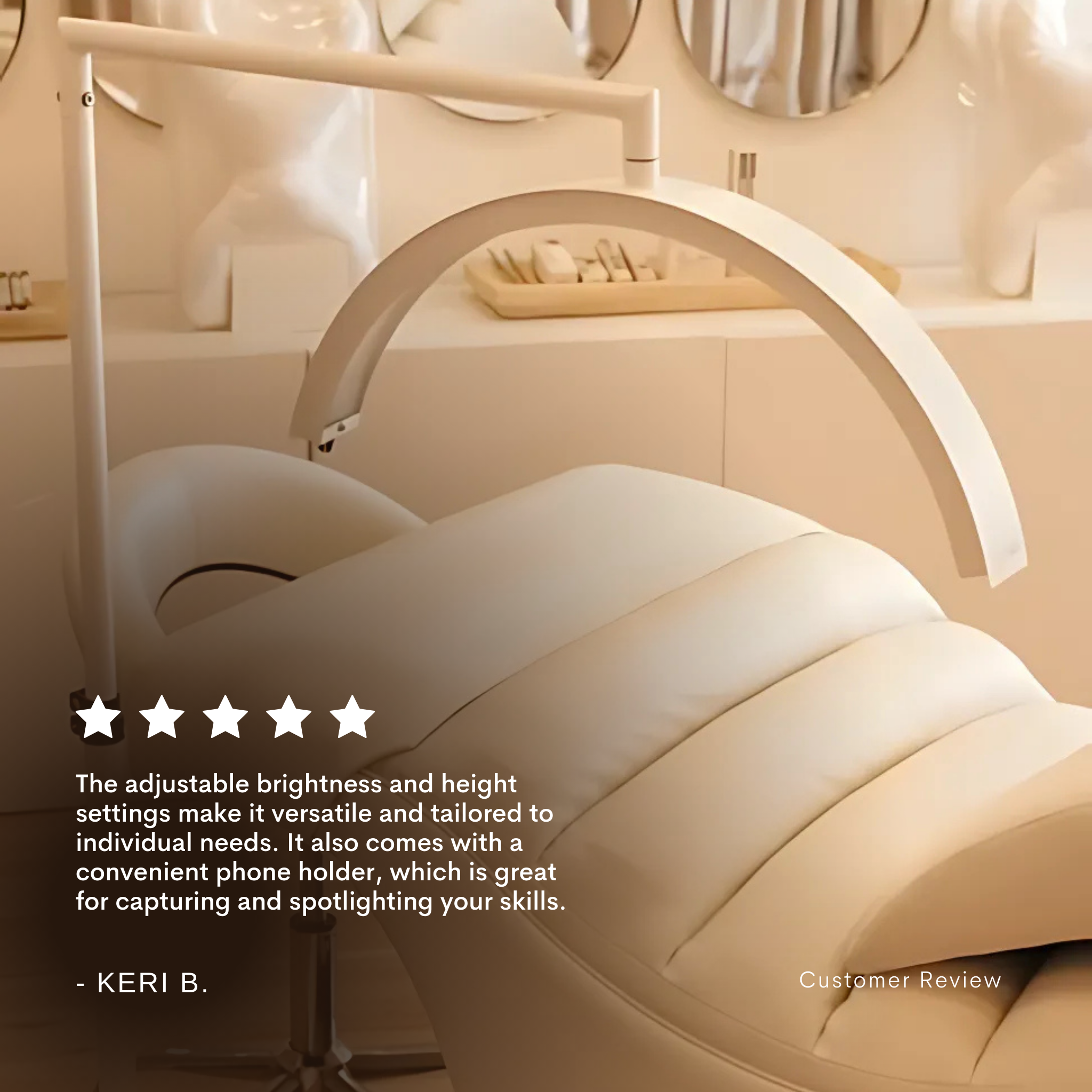 Beige massage chair with adjustable brightness and height settings, featuring a customer review.