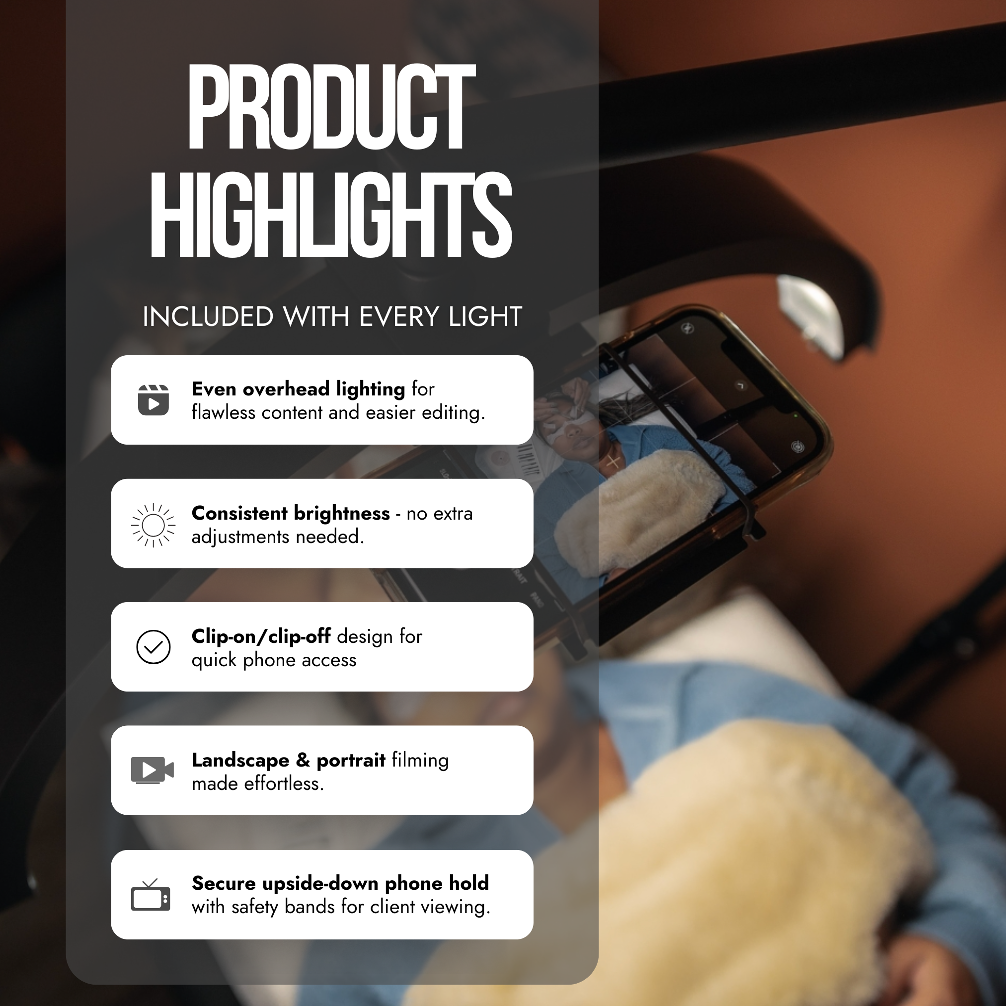 CosmoGlo Phone Clip parts with LED light-up mirror, showcasing the reflective surface and clip mechanism for mobile devices.