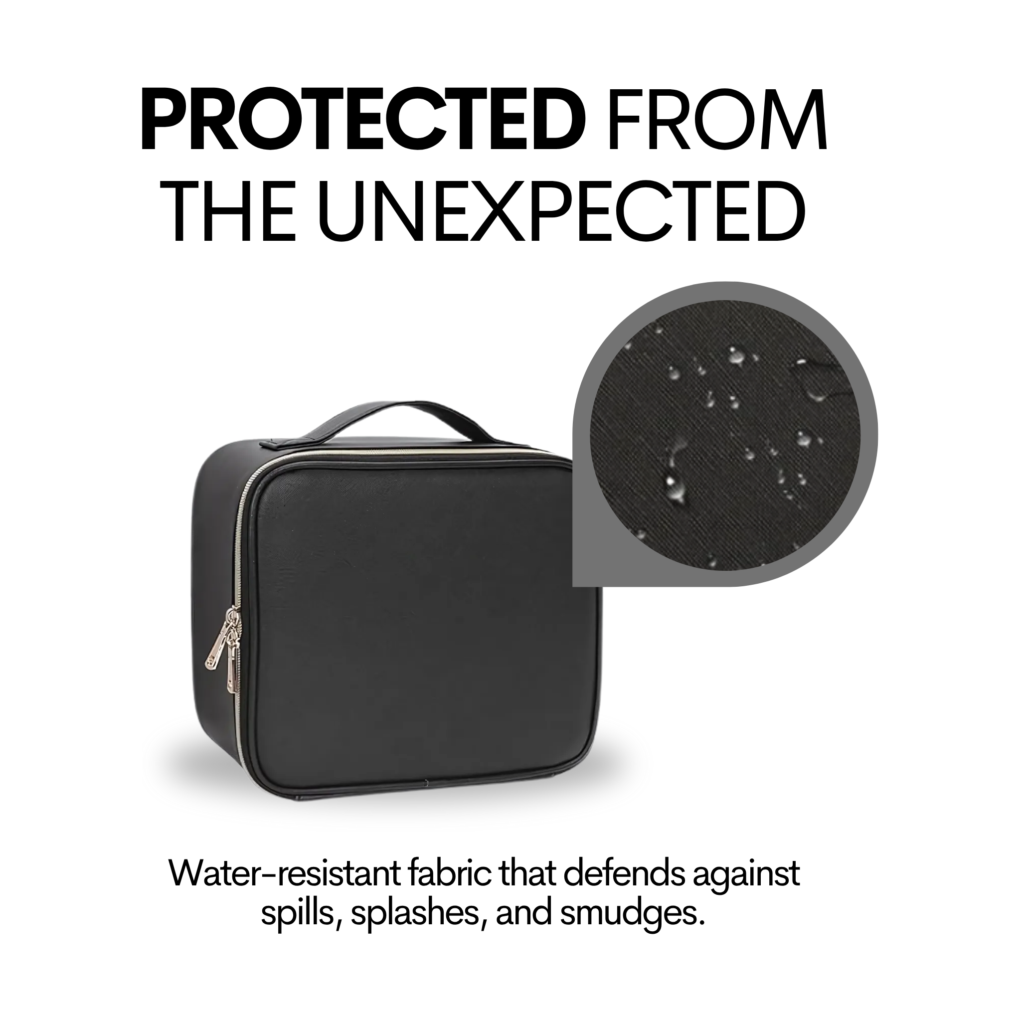 CosmoGloⓇ lighted makeup case with built-in mirror and storage compartments for cosmetics and beauty accessories.