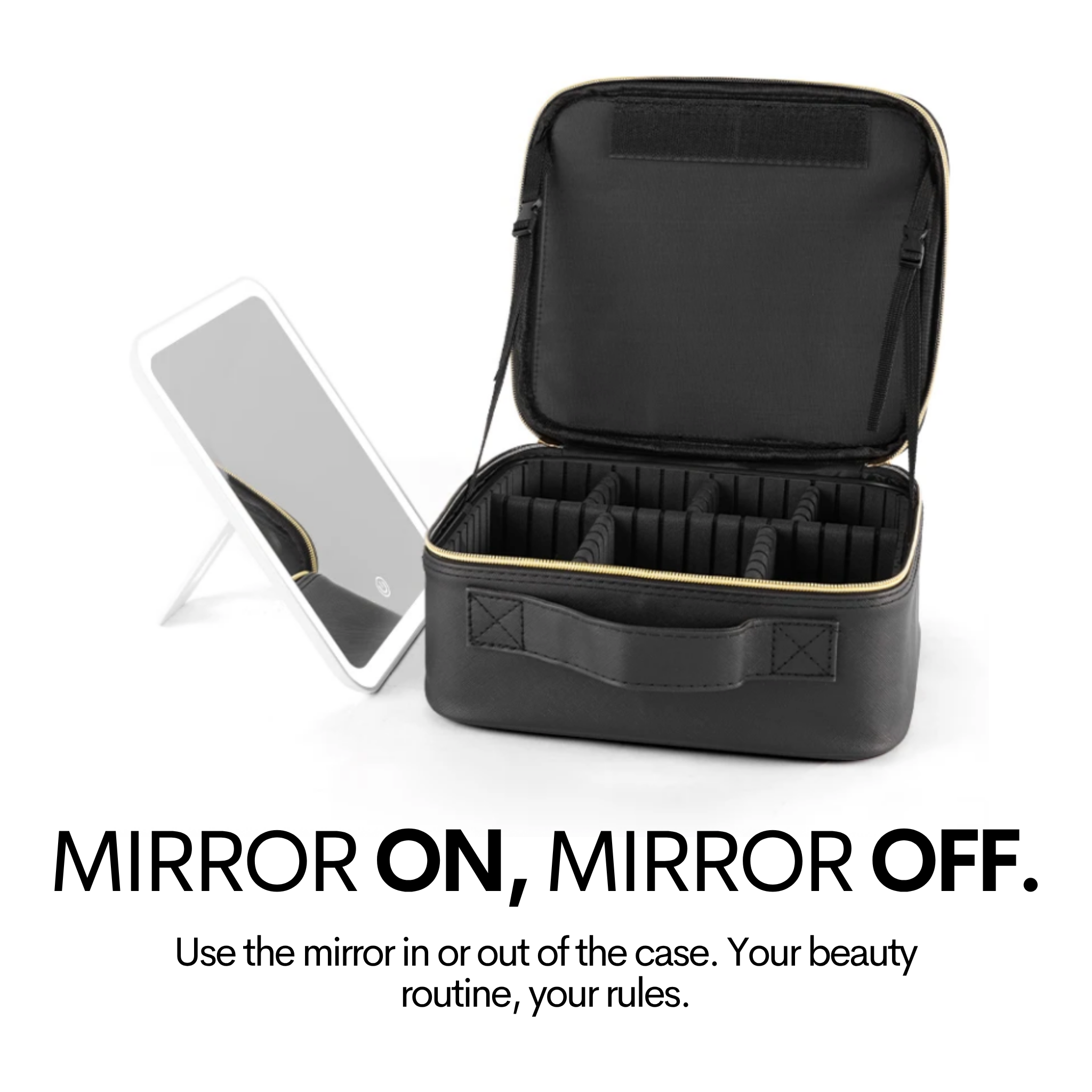 CosmoGloⓇ lighted makeup case with built-in mirror, compact accessory for organizing and applying makeup on the go.