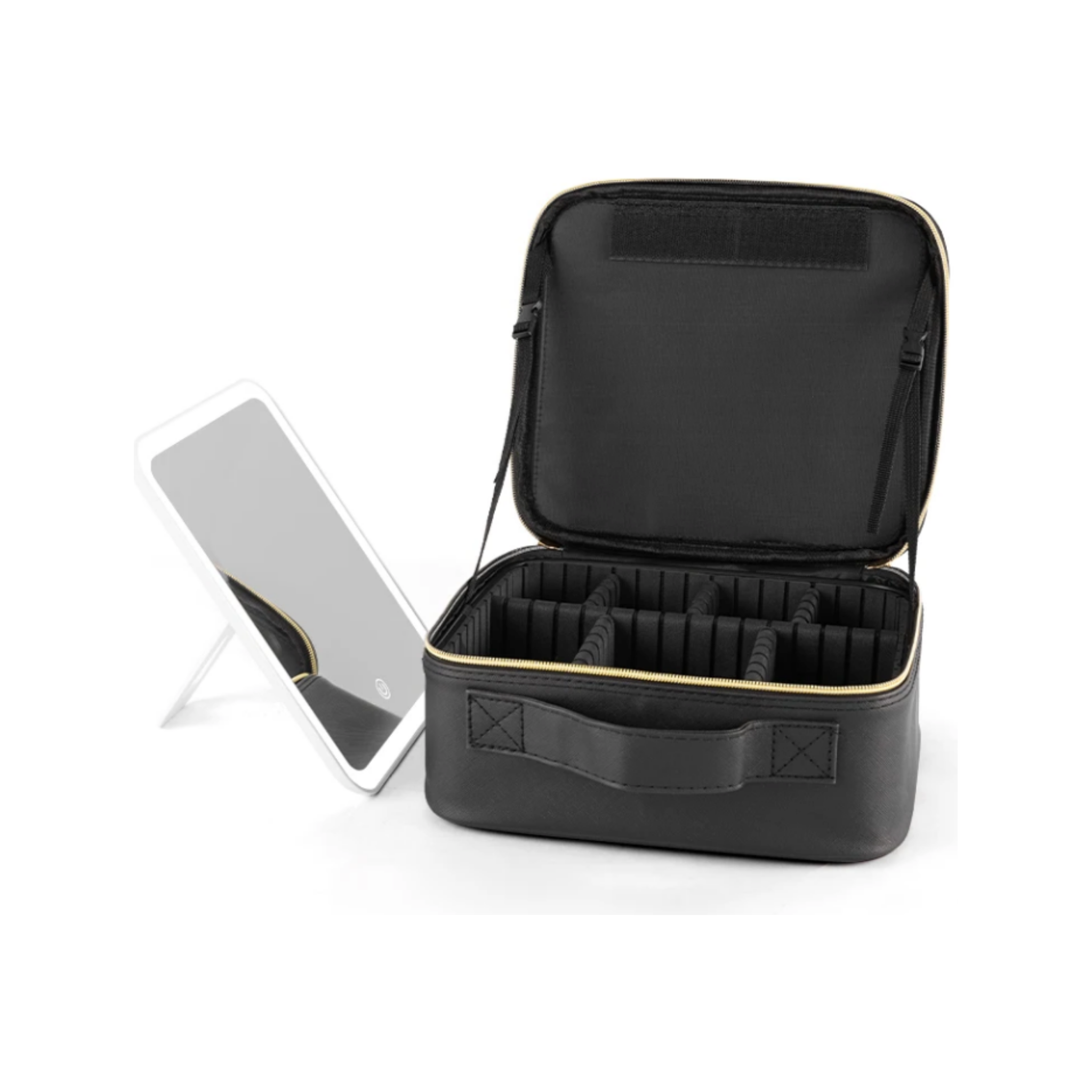 CosmoGloⓇ lighted makeup case with built-in mirror, portable accessories organizer for beauty and makeup storage.