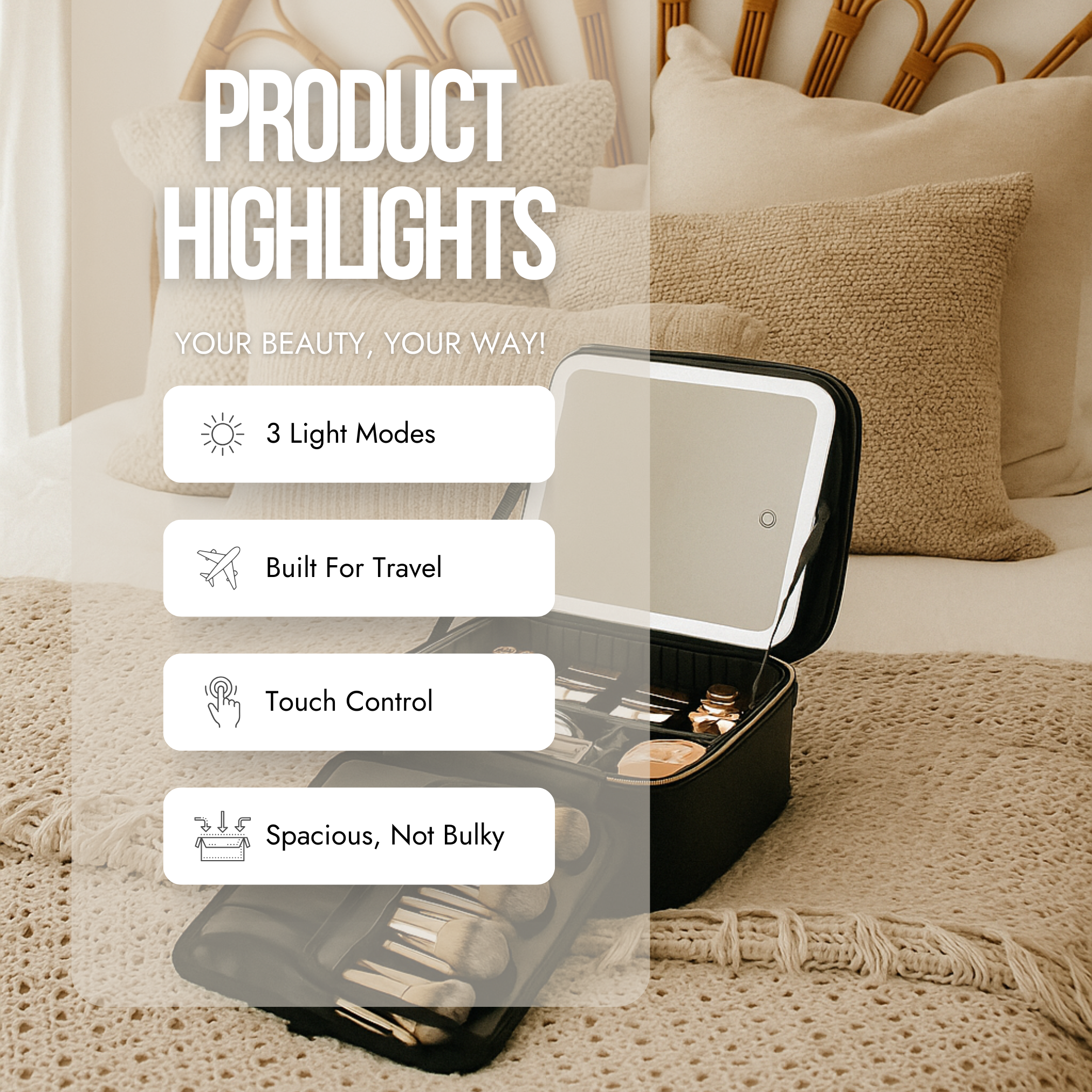 CosmoGloⓇ lighted makeup case with built-in mirror, featuring LED illumination and organized compartments for cosmetics storage.