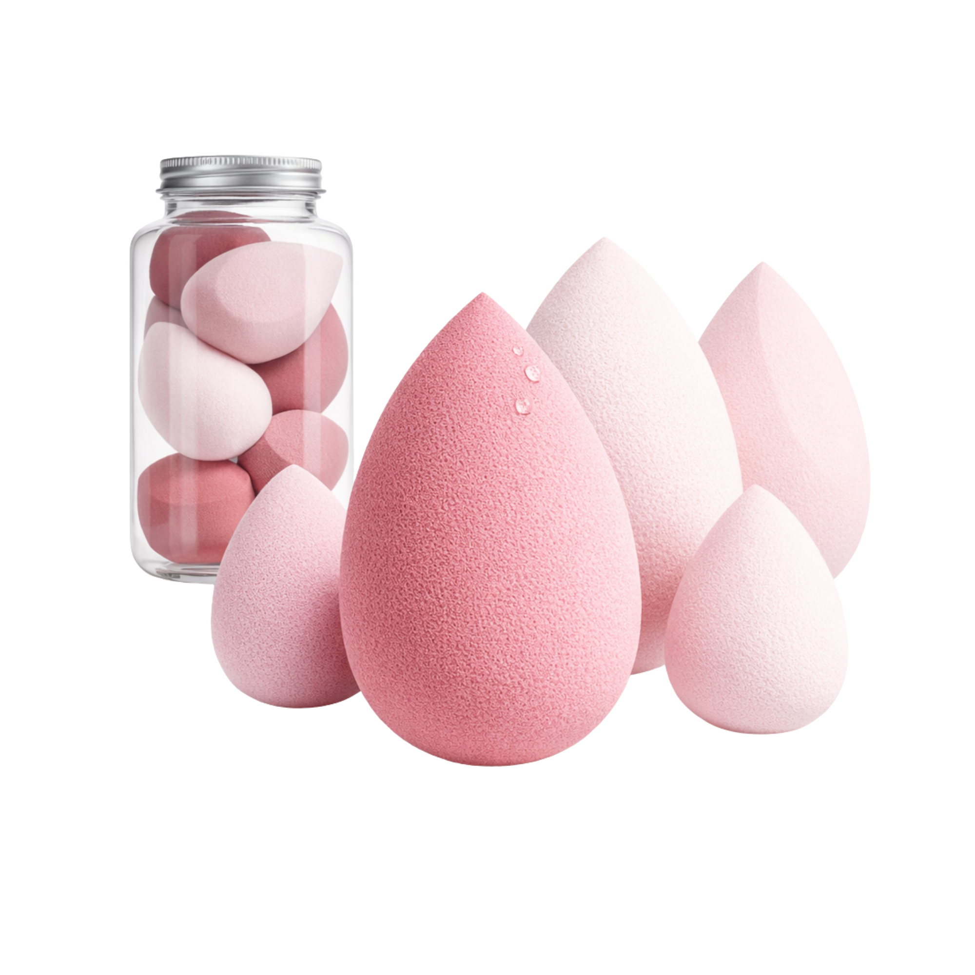 Pink makeup sponges and a container on a white background