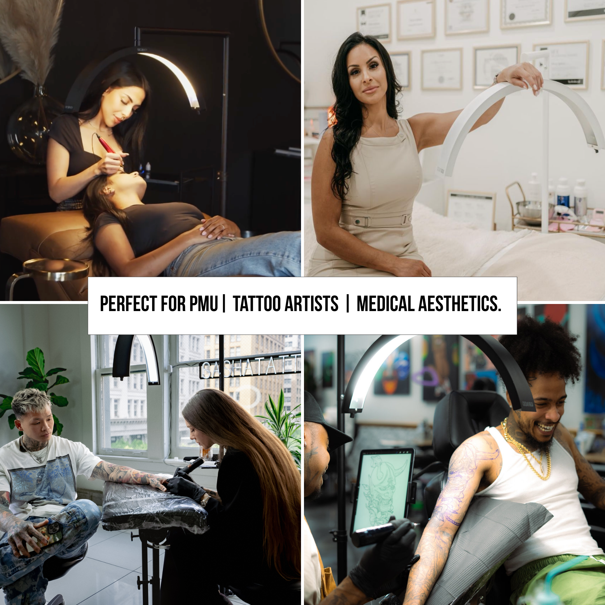 Collage of people in various settings, including a tattoo artist and a woman with a device.