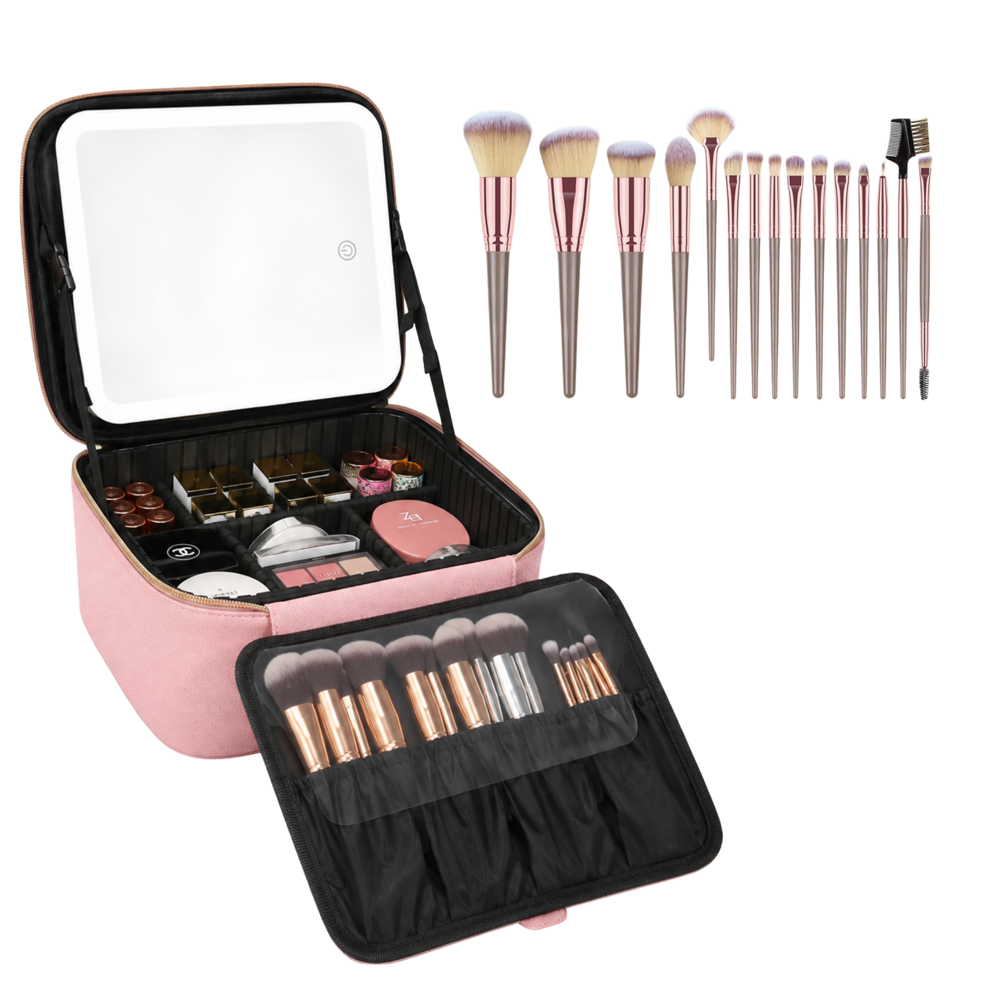 A pink makeup case shown open, with a built-in mirror on the lid, makeup items inside the case, and a set of makeup brushes displayed above and in the front pocket. The brushes have light pink bristles and metallic rose-gold handles.