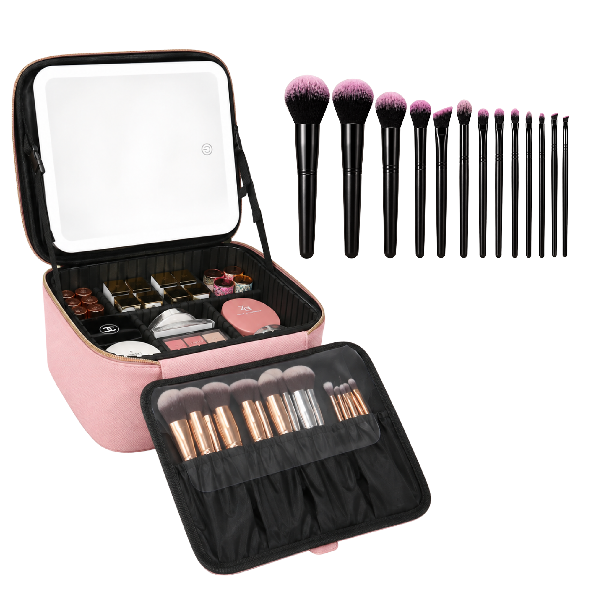 A pink makeup case shown open on a white background, with a built-in mirror on the lid, cosmetics inside, and multiple makeup brushes arranged in front and above the case. The brushes have black handles and pink-purple bristles.