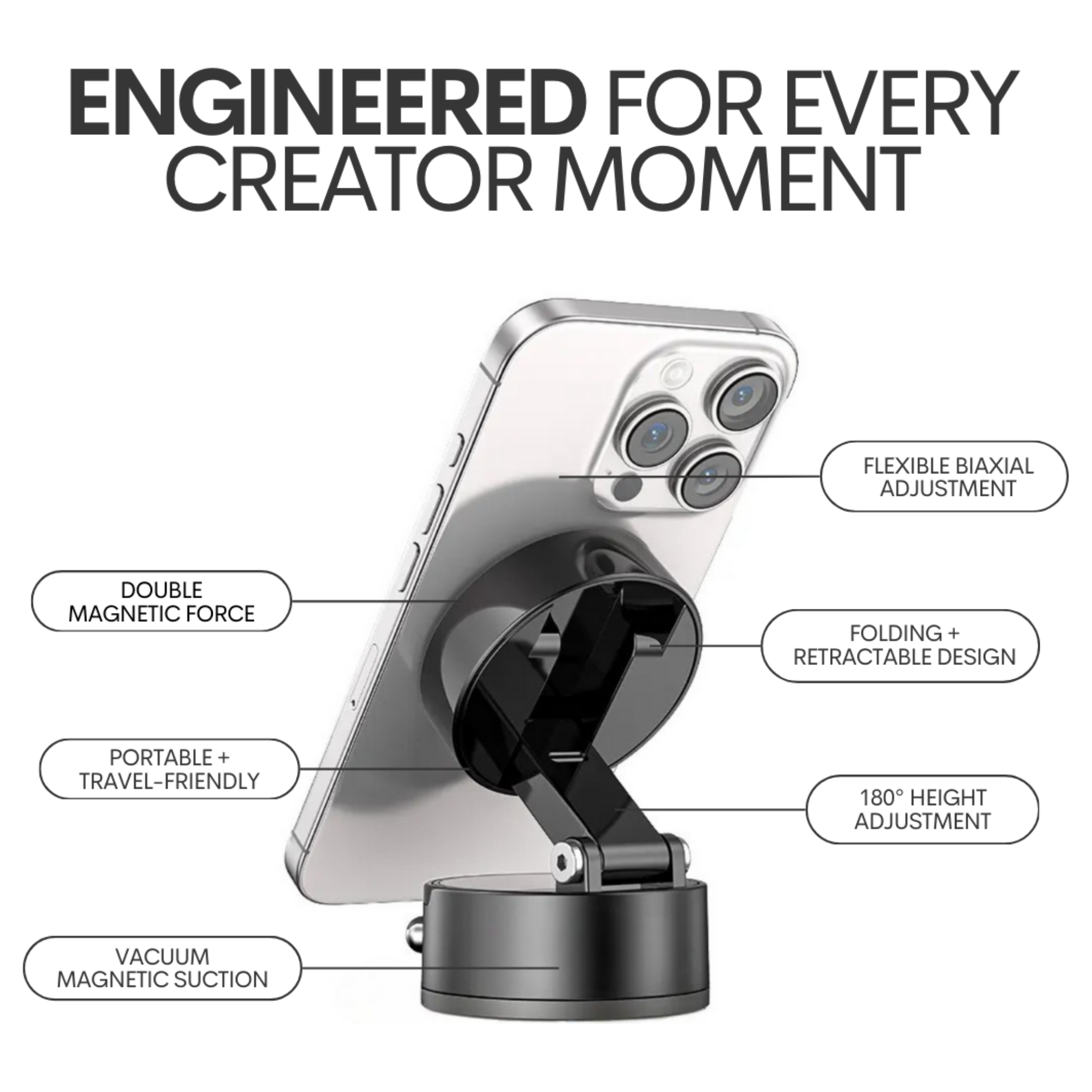 Black CosmoGloⓇ Content MagMount accessories for effortless content creation, shown with mounting features and accessories.