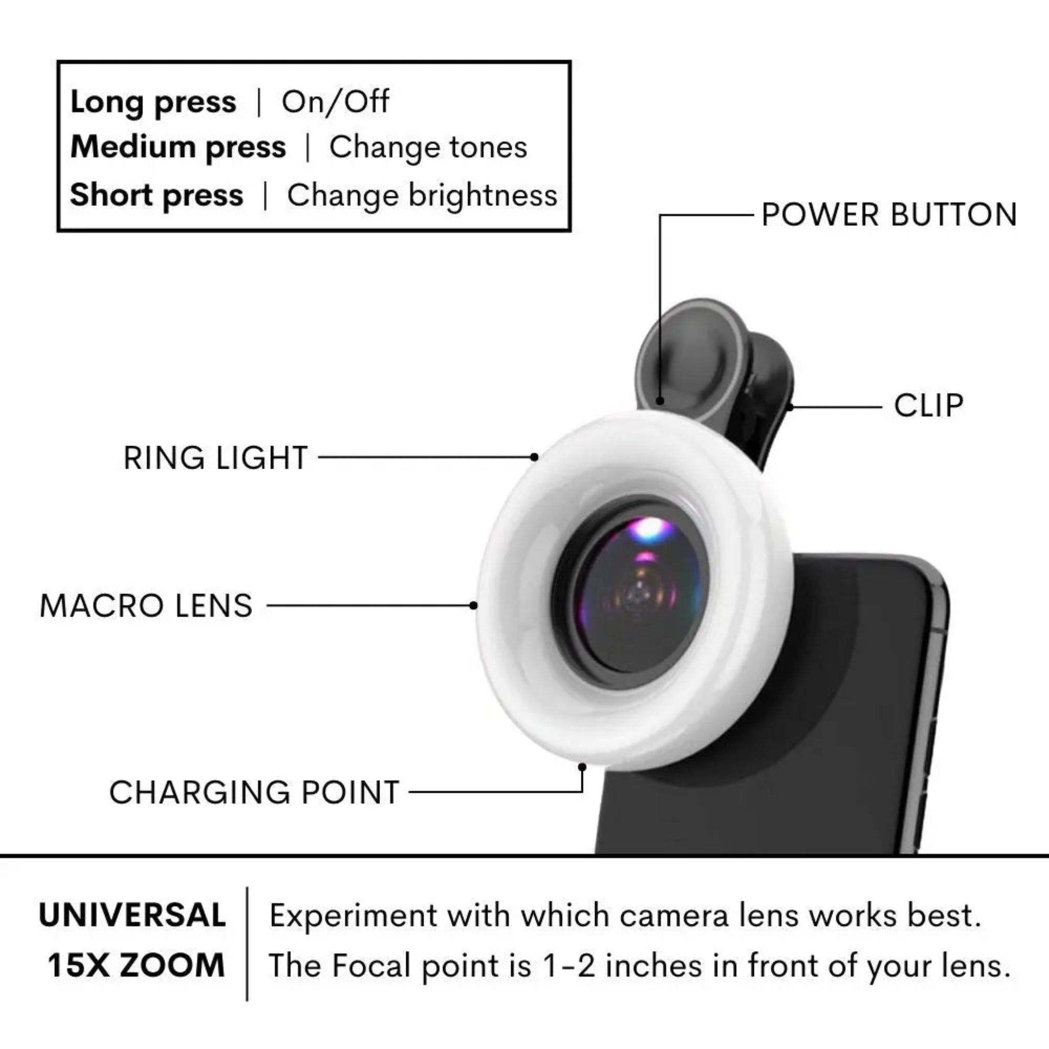 Black CosmoGlo Mini Ring Light Macro Lens accessory for close-up photography, designed for detailed macro shots.