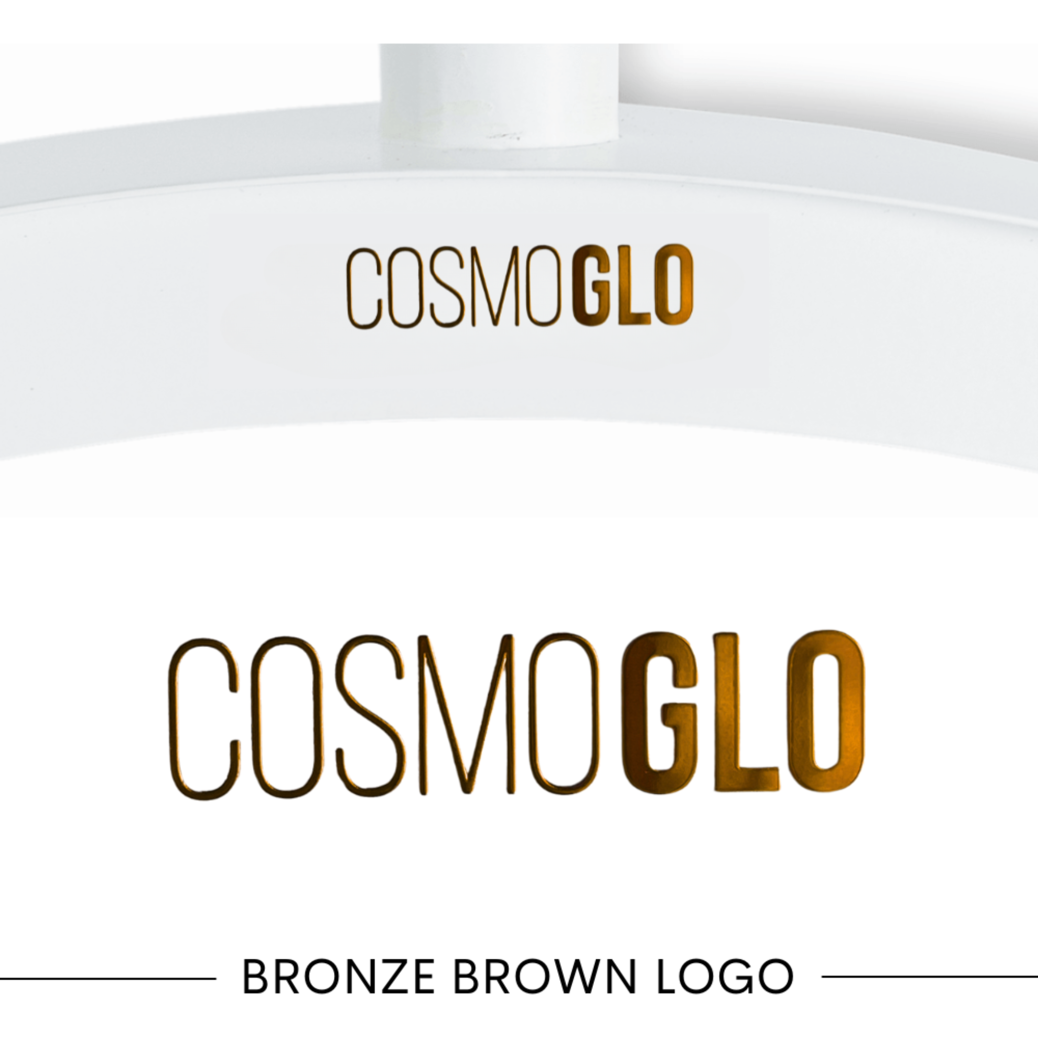 Set of four gold CosmoGlo logo decals, accessories for decorating or customizing personal items with stylish branding.