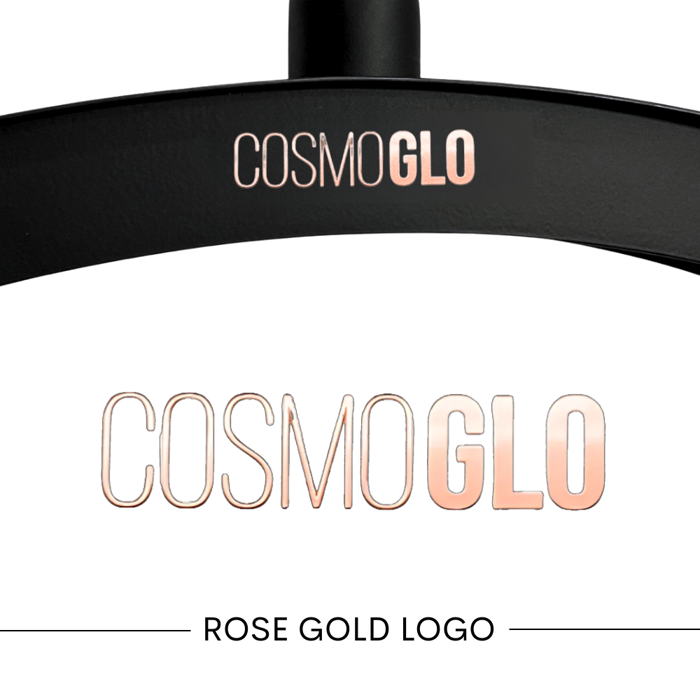 Set of four gold CosmoGlo logo decals, accessories from The CosmoGlo with stylish branding for personal or product decoration.