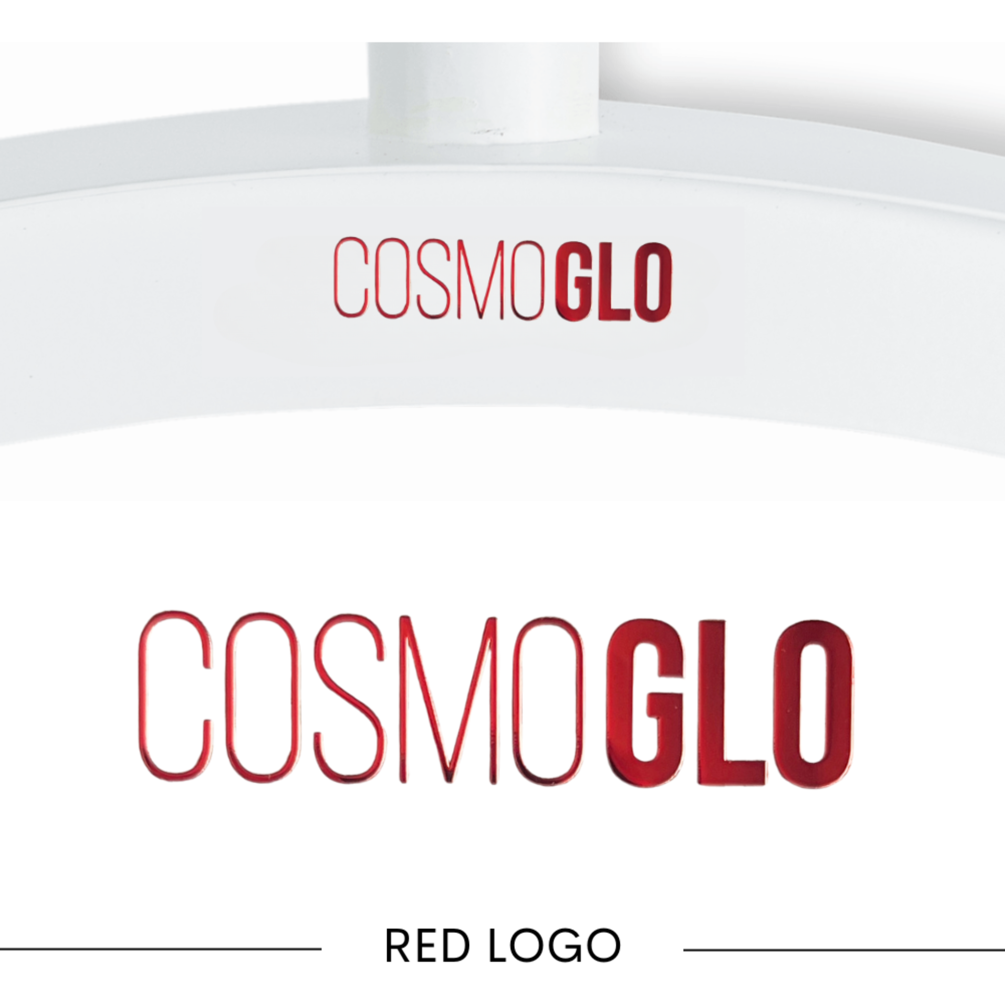 Set of four gold CosmoGlo logo decals, accessories by The CosmoGlo, with sleek, shiny design for decorative use.