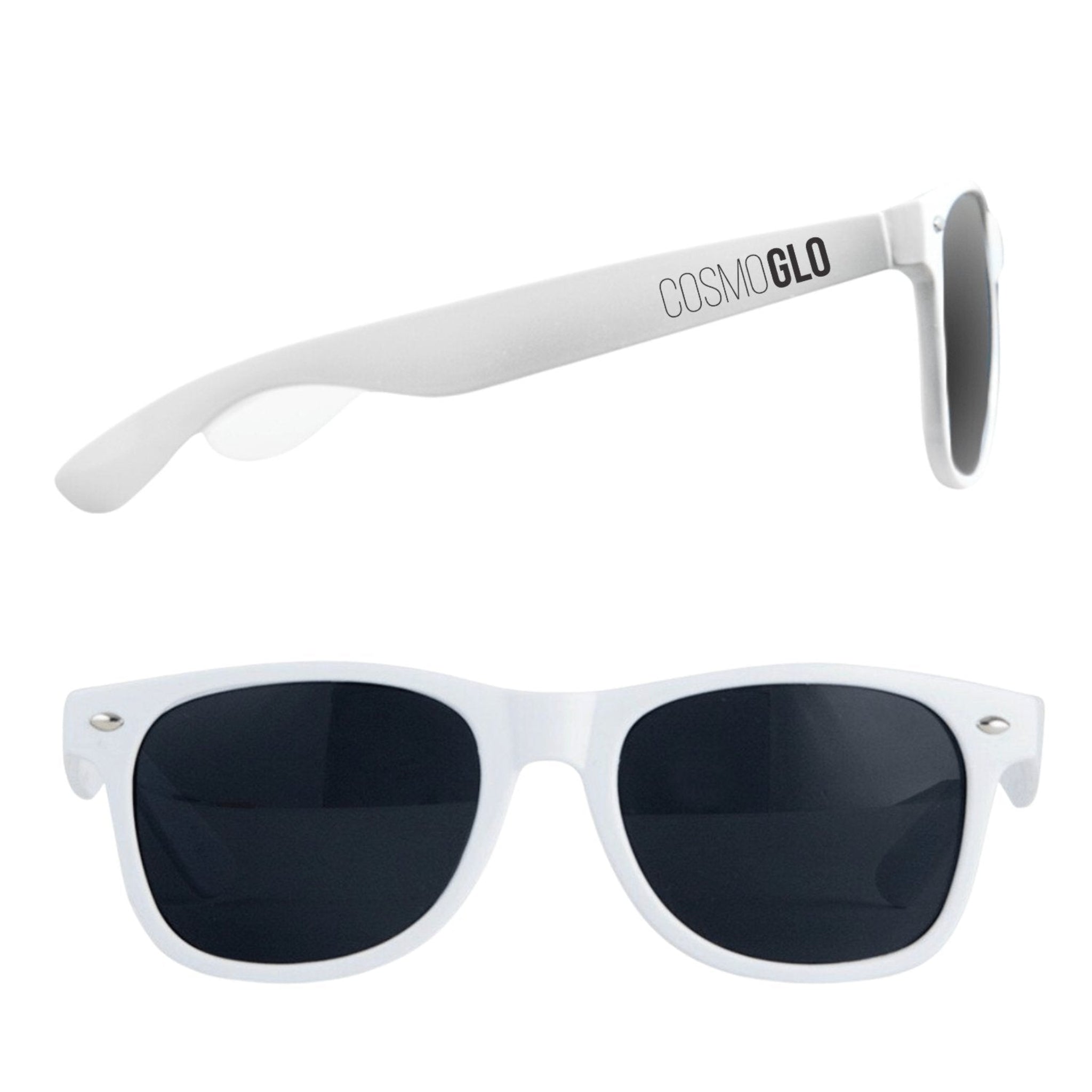 Black CosmoGlo sunglasses with sleek frames, stylish design, and tinted lenses, perfect for fashion-forward apparel.
