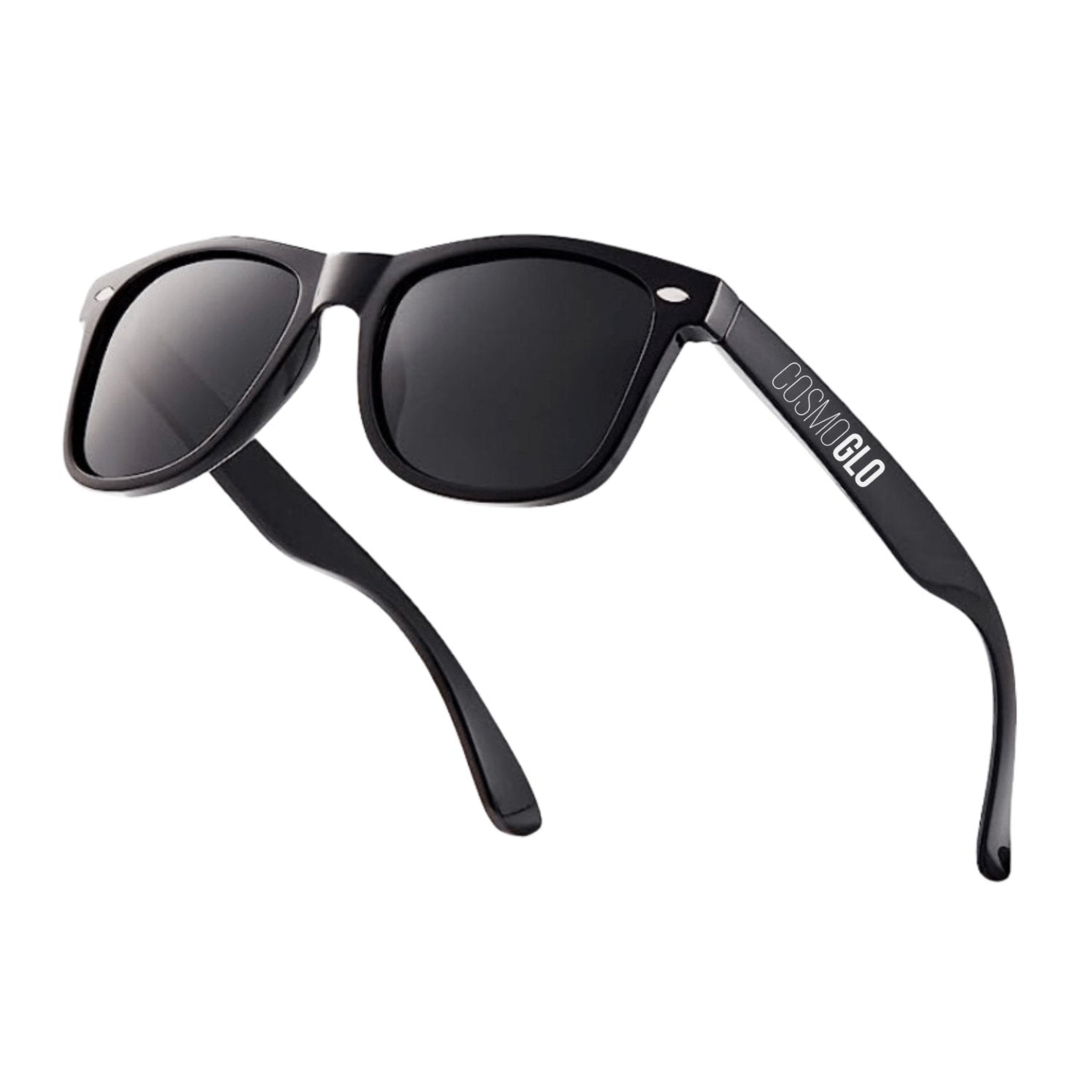 Black CosmoGlo sunglasses with sleek frame and tinted lenses, stylish apparel accessory from The CosmoGlo brand.