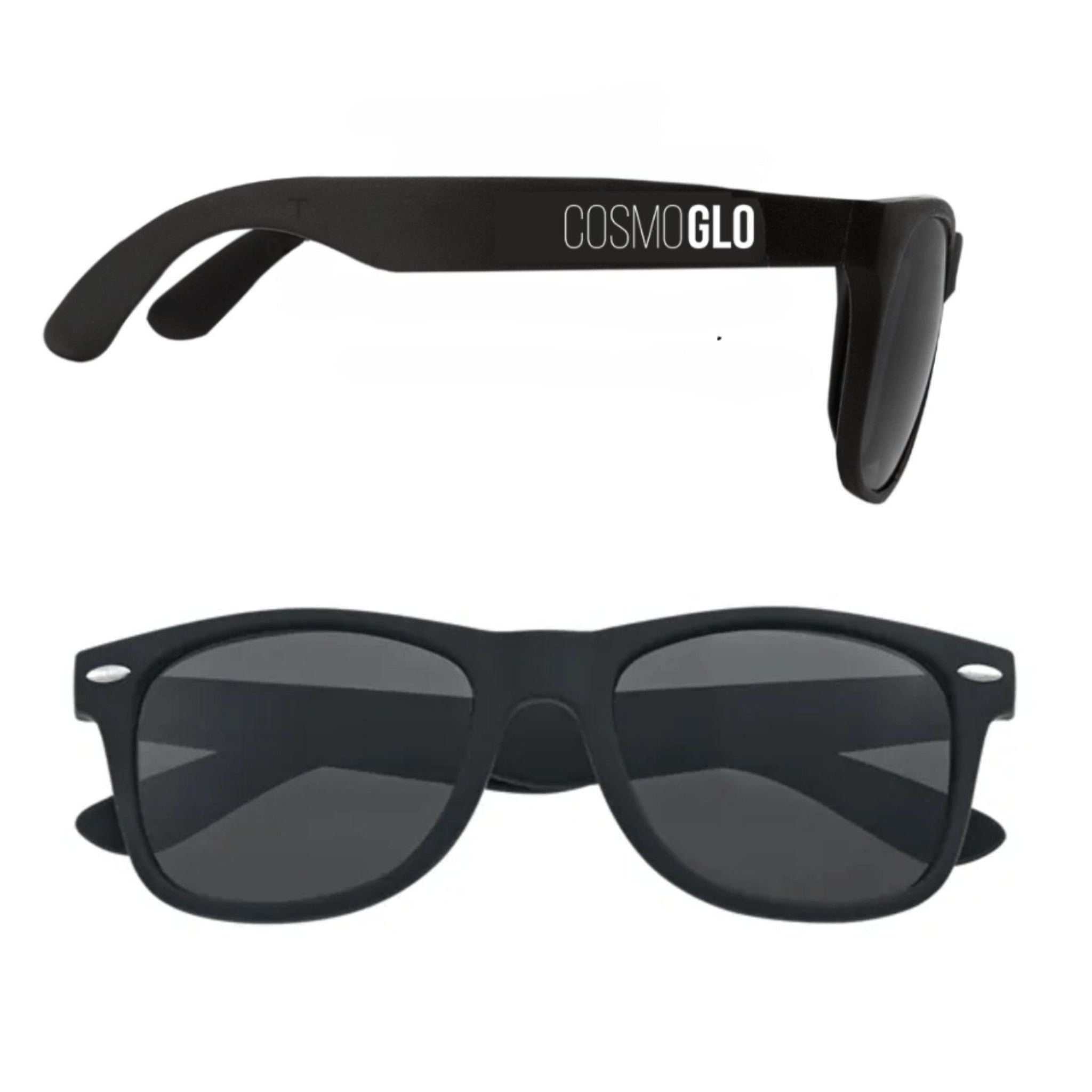 Black CosmoGlo sunglasses with sleek frame, stylish design, and tinted lenses, perfect for fashionable sun protection.