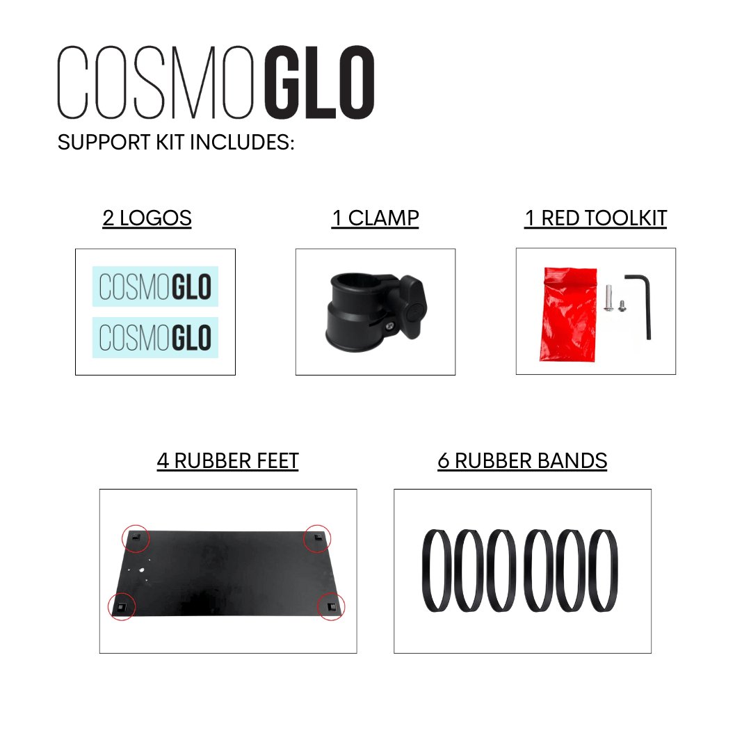 CosmoGlo Replacement Support Kit - CosmoGlo Support parts. Clamp, rubber feet, rubber bands, tool kit, wrenches, assembly kit