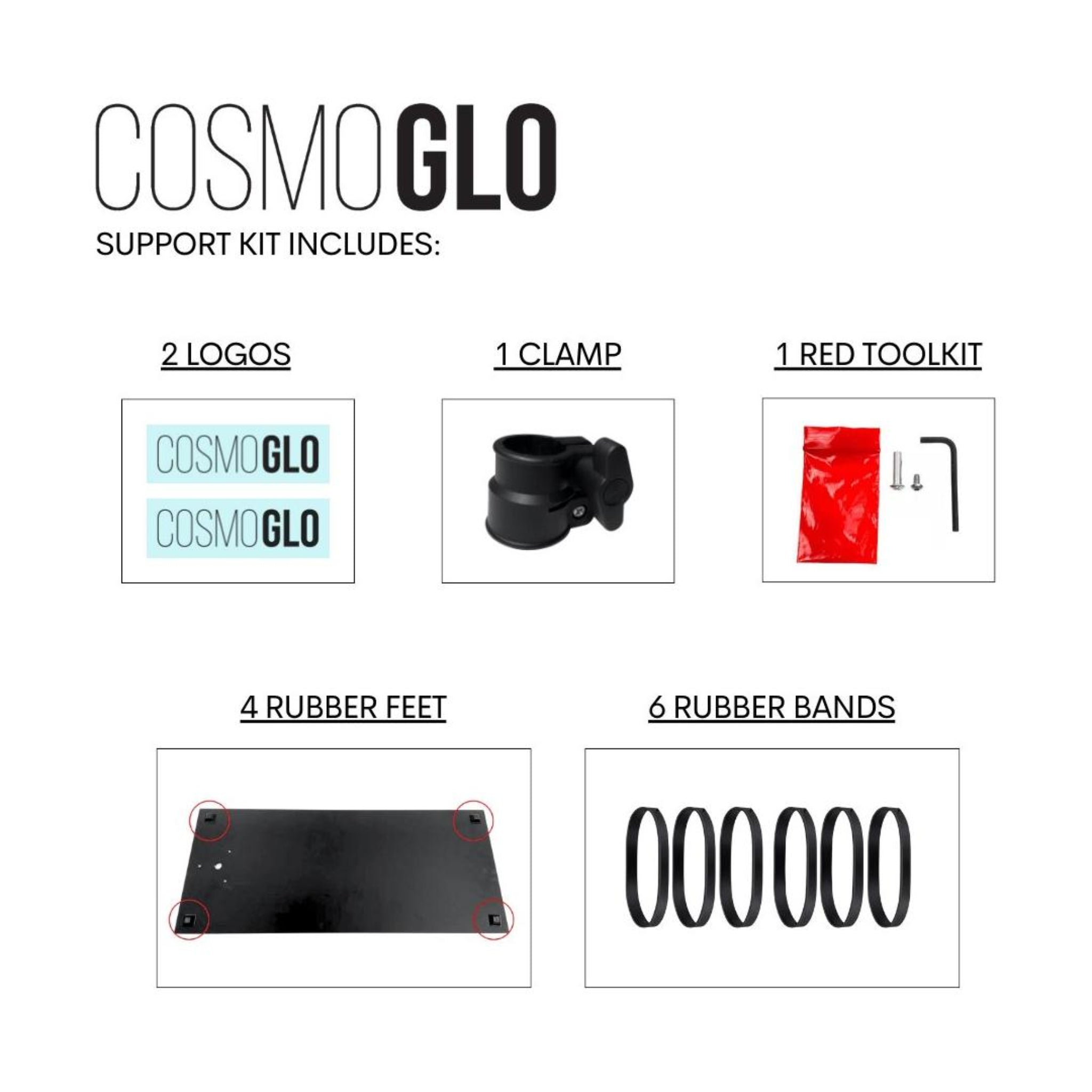 CosmoGlo Replacement Support Kit - CosmoGlo Support parts. Clamp, rubber feet, rubber bands, tool kit, wrenches, assembly kit