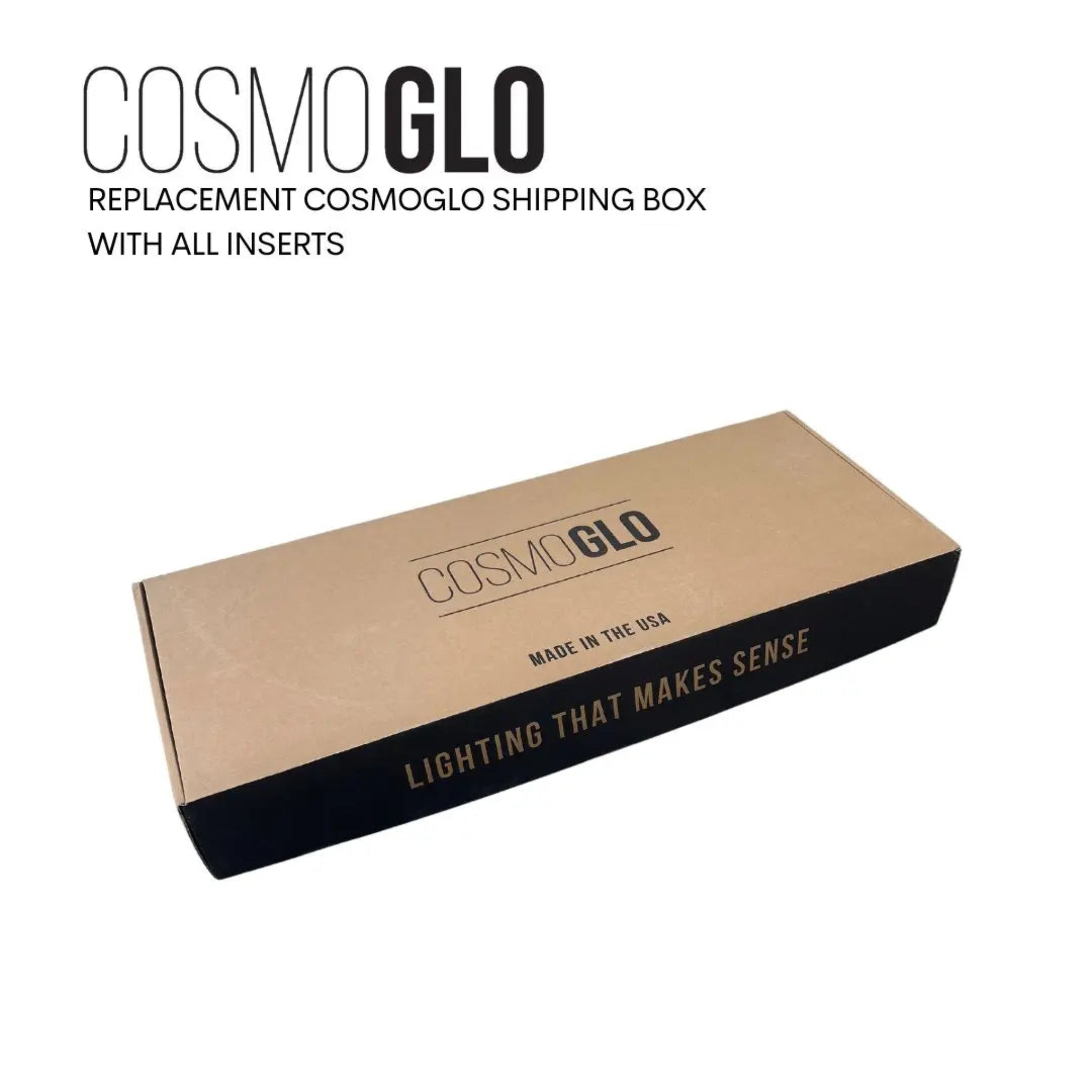 Empty CosmoGlo shipping box for returns, a durable cardboard package suitable for shipping and returns.