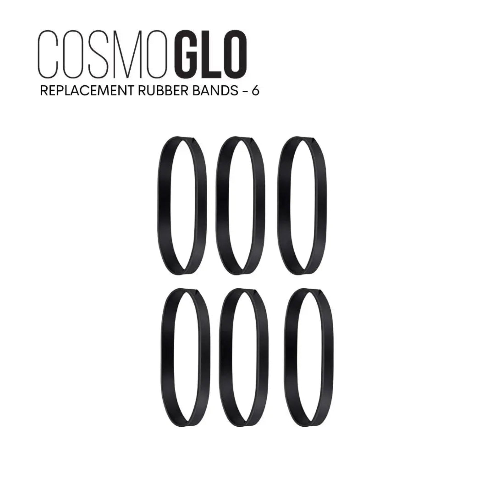 Six rubber bands from The CosmoGlo Parts pack, flexible elastic bands suitable for various applications.