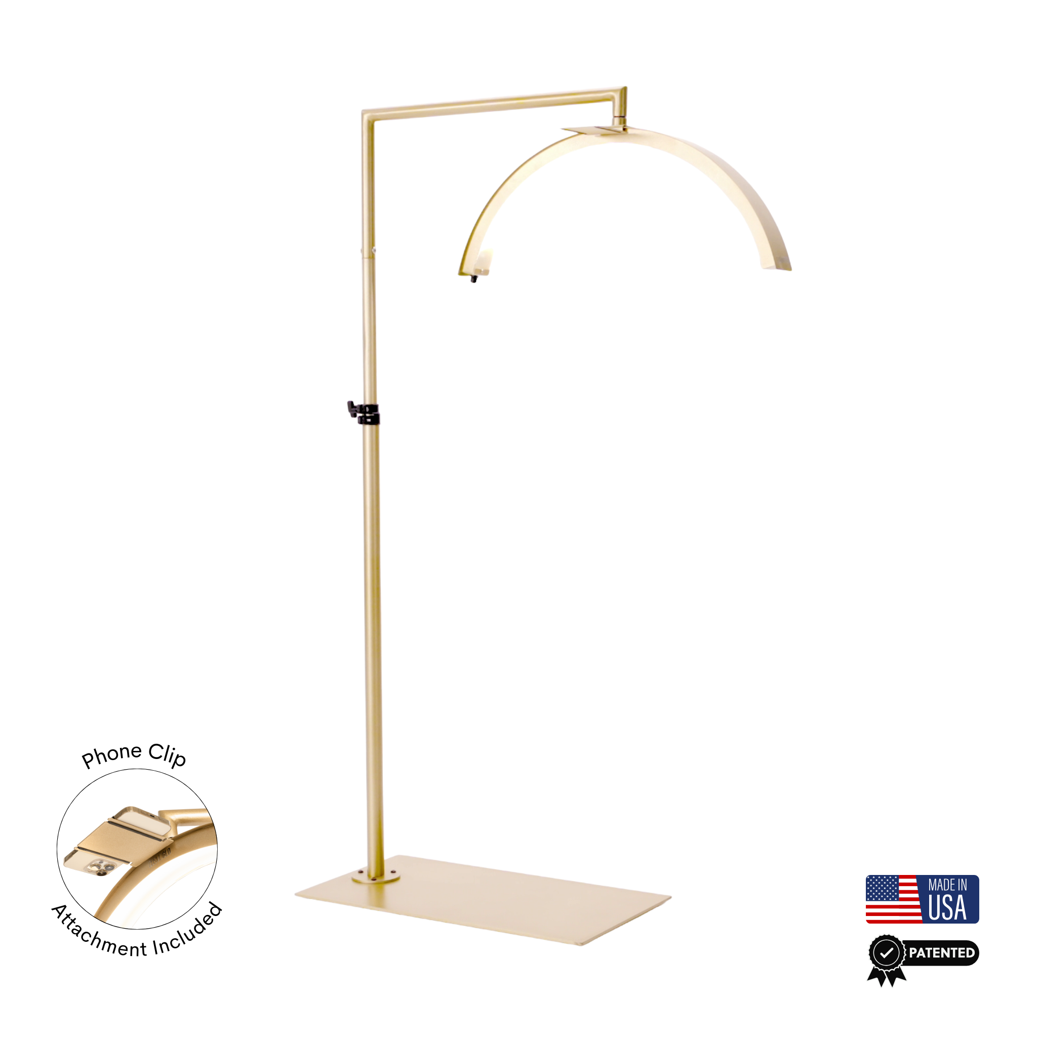Gold floor lamp with phone clip attachment on a white background