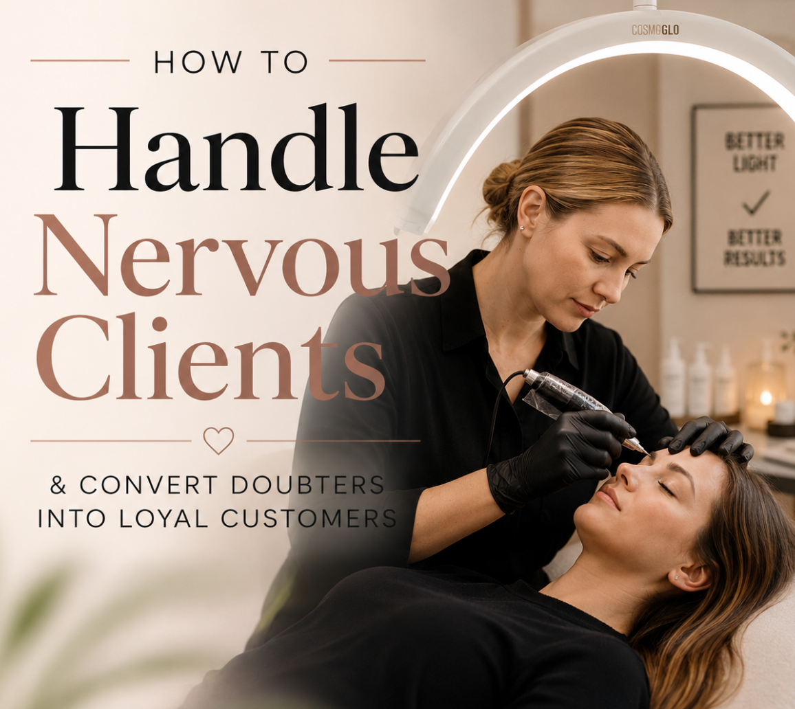 Permanent makeup artist consultation using the best professional lighting for PMU applications and client communication to build trust and confidence.