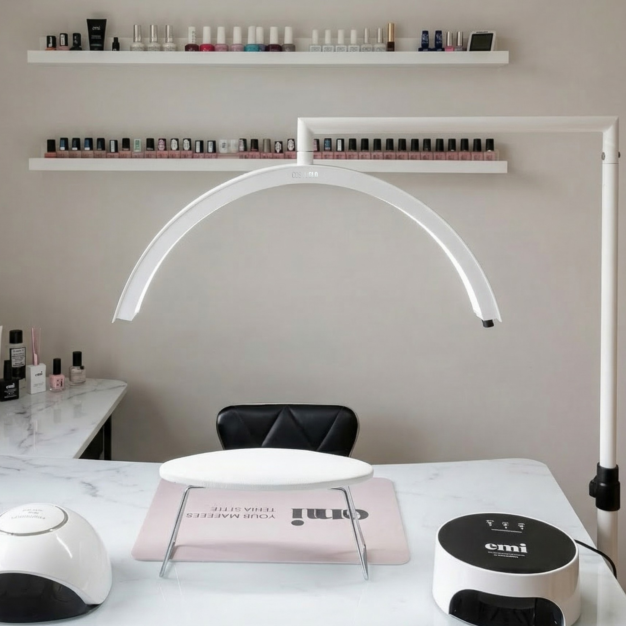 Showing the best nail lamps for nail techs, CosmoGlo is a shadow free nail lamp with color accurate light for nail art and offers a nail tech filming setup