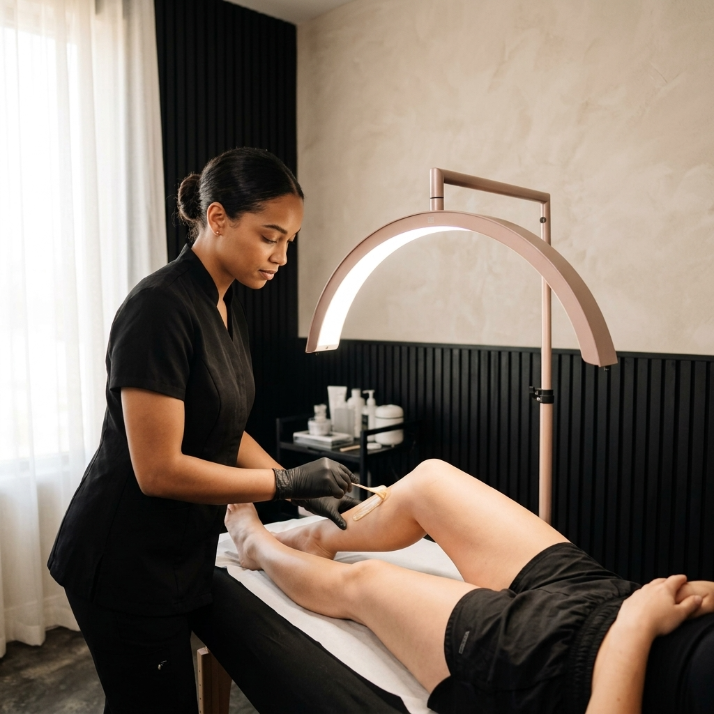 Professional lighting for lash artists featuring a body waxer waxing a client