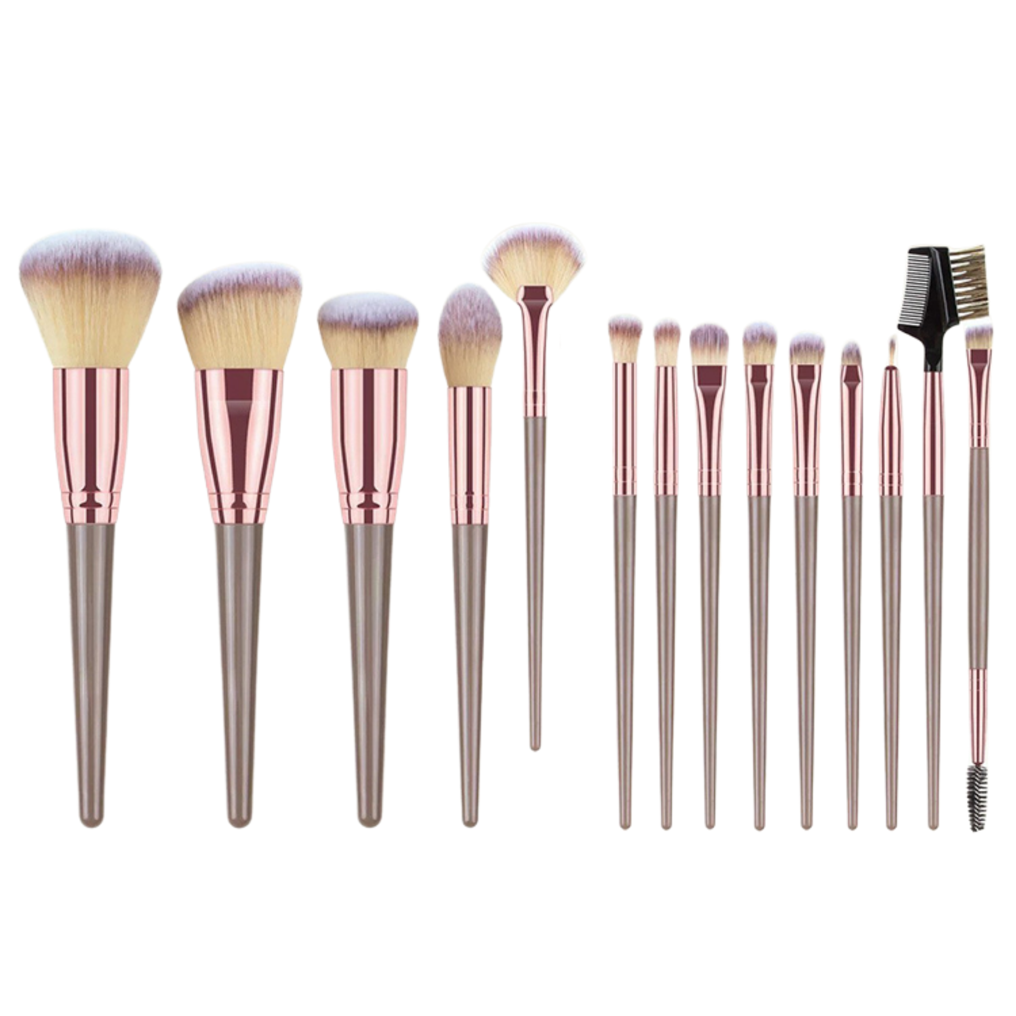 CosmoGloⓇ makeup brush set with various brushes including foundation, eyeshadow, and blending brushes on a white background.