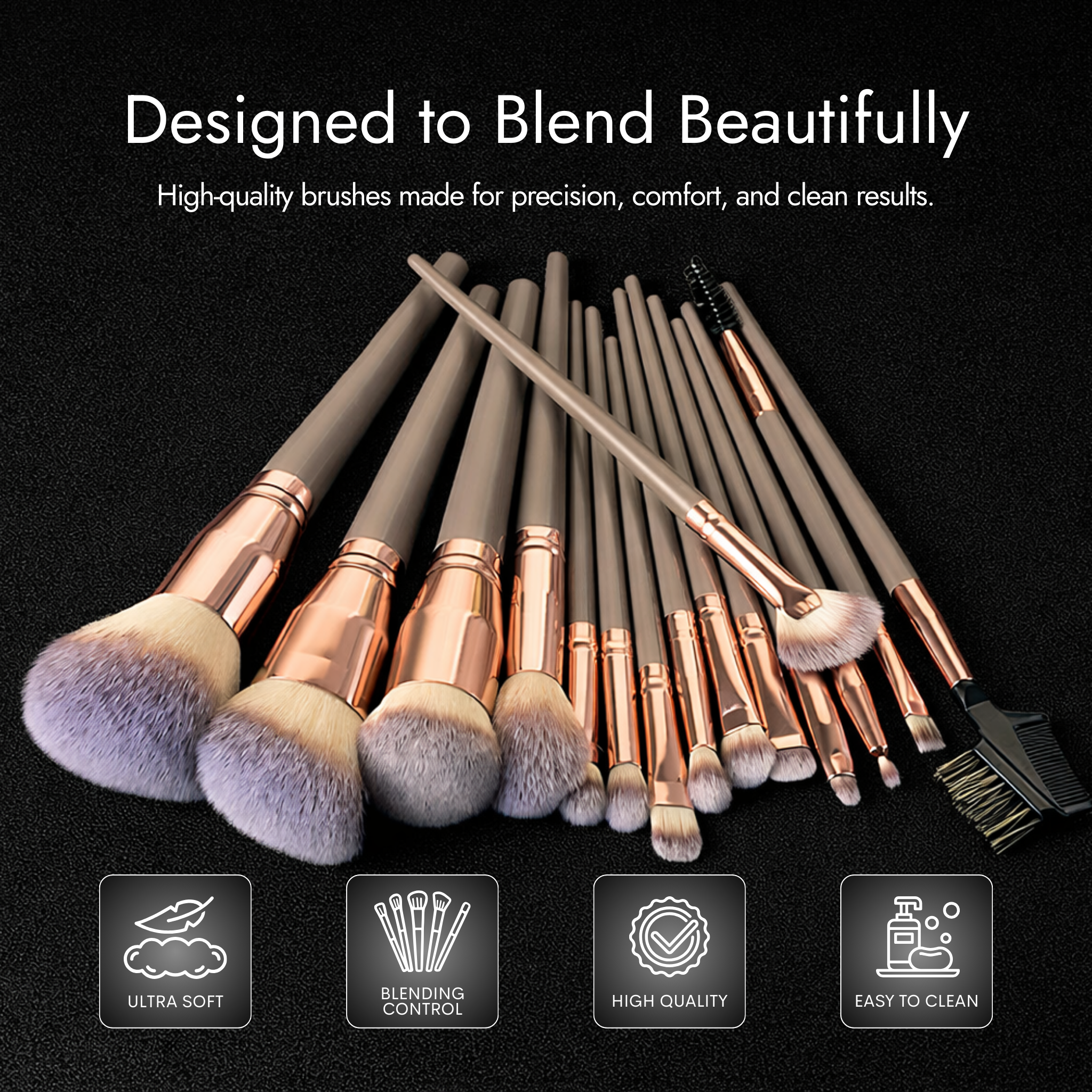 CosmoGloⓇ Makeup Brush Set with multiple brushes featuring soft bristles and sleek handles for professional makeup application.