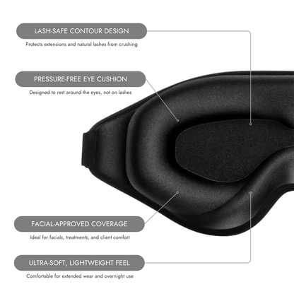 Black eye mask with features labeled on a white background